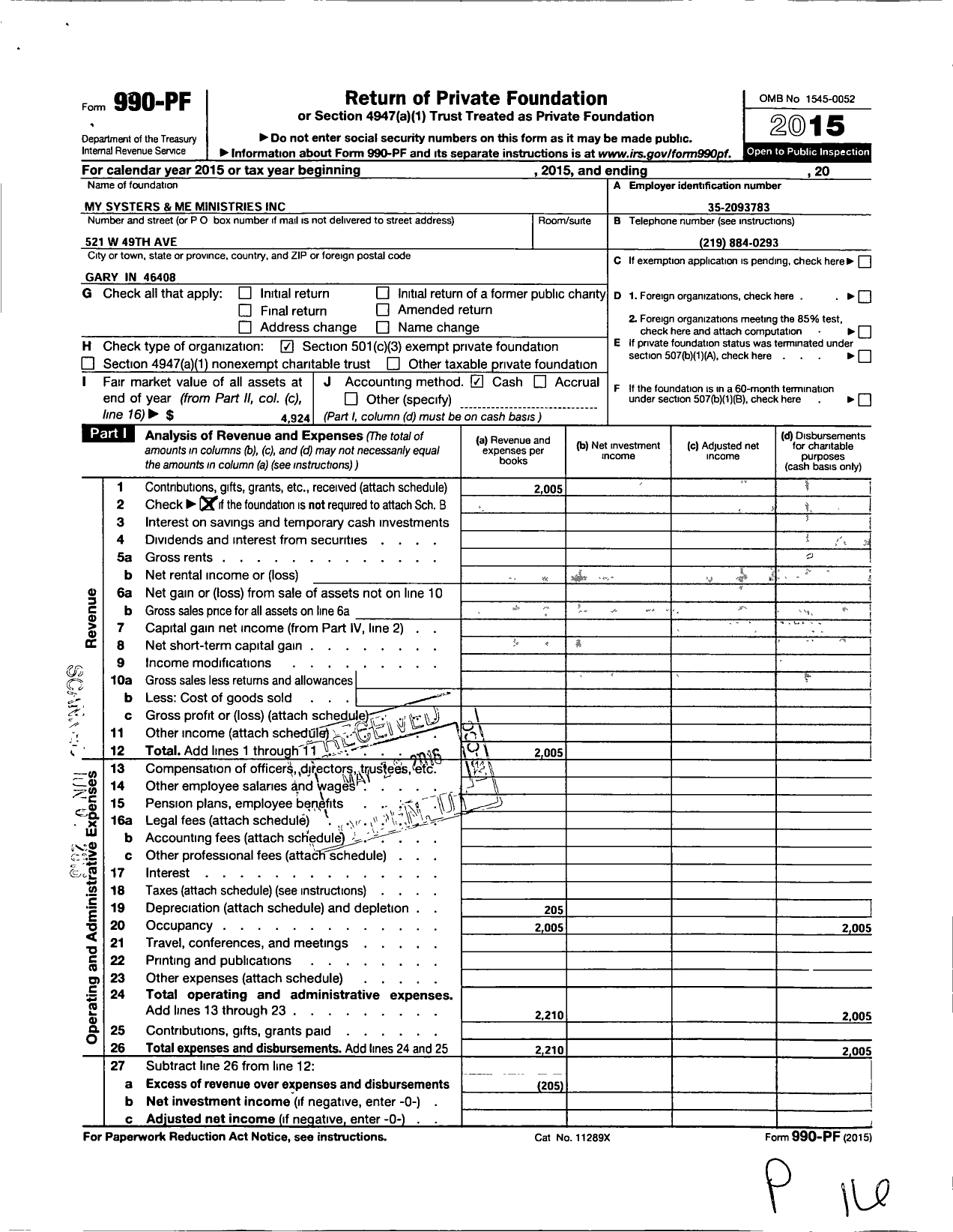 Image of first page of 2015 Form 990PF for My Sisteries and Me Ministries