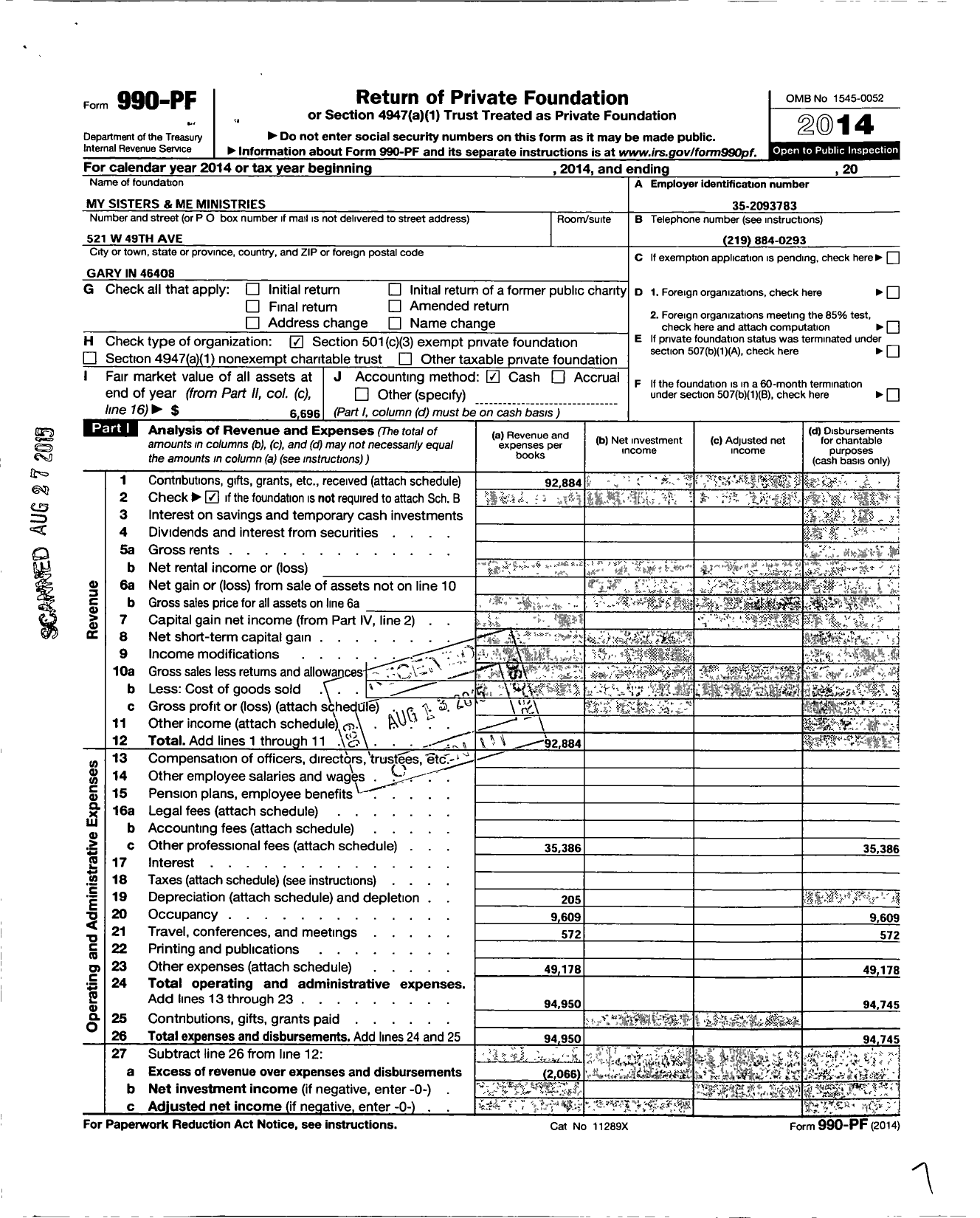 Image of first page of 2014 Form 990PF for My Sisteries and Me Ministries