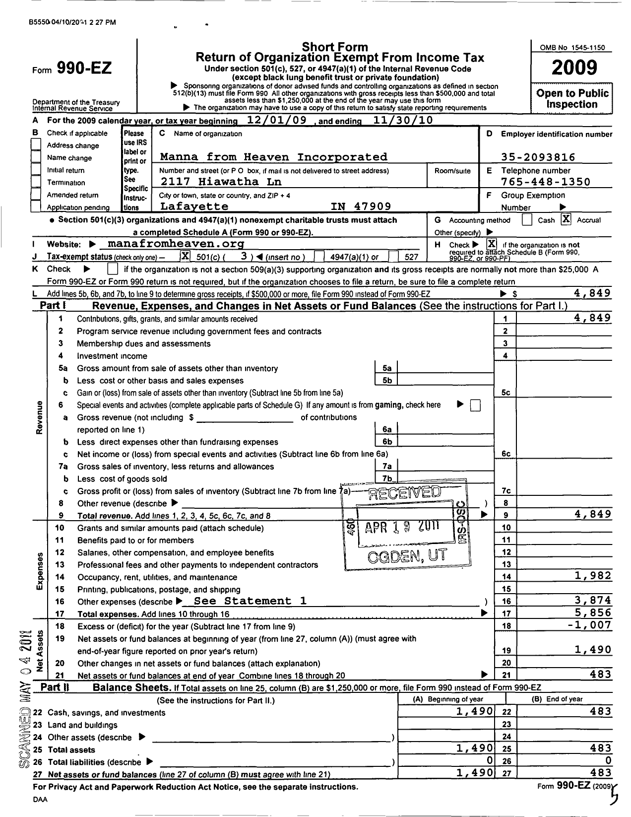 Image of first page of 2009 Form 990EZ for Manna From Heaven