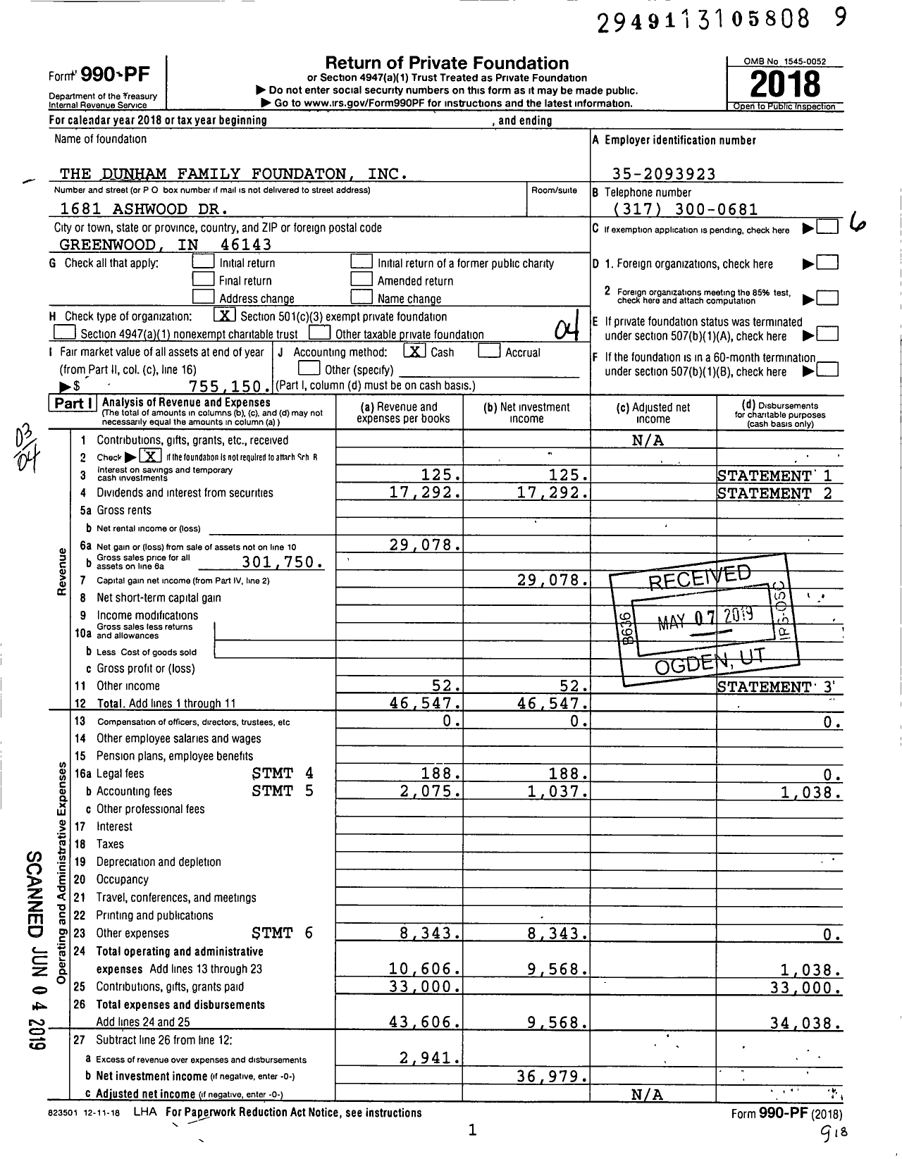 Image of first page of 2018 Form 990PF for The Dunham Family Foundation