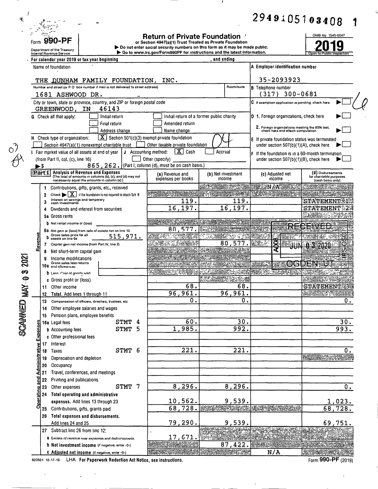Image of first page of 2019 Form 990PF for The Dunham Family Foundation
