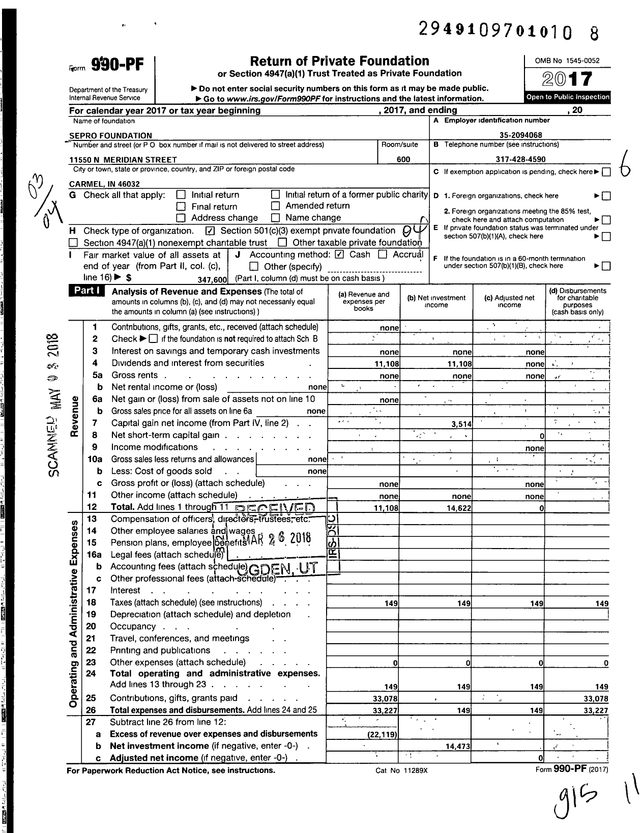 Image of first page of 2017 Form 990PF for Sepro Foundation