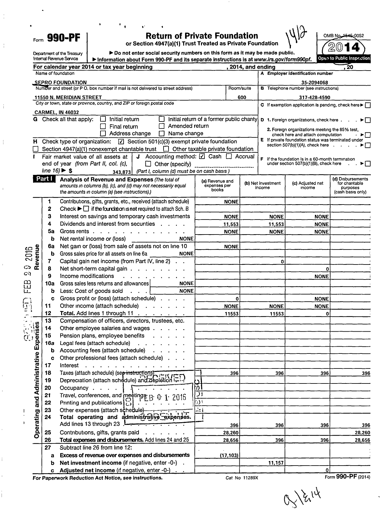 Image of first page of 2014 Form 990PF for Sepro Foundation