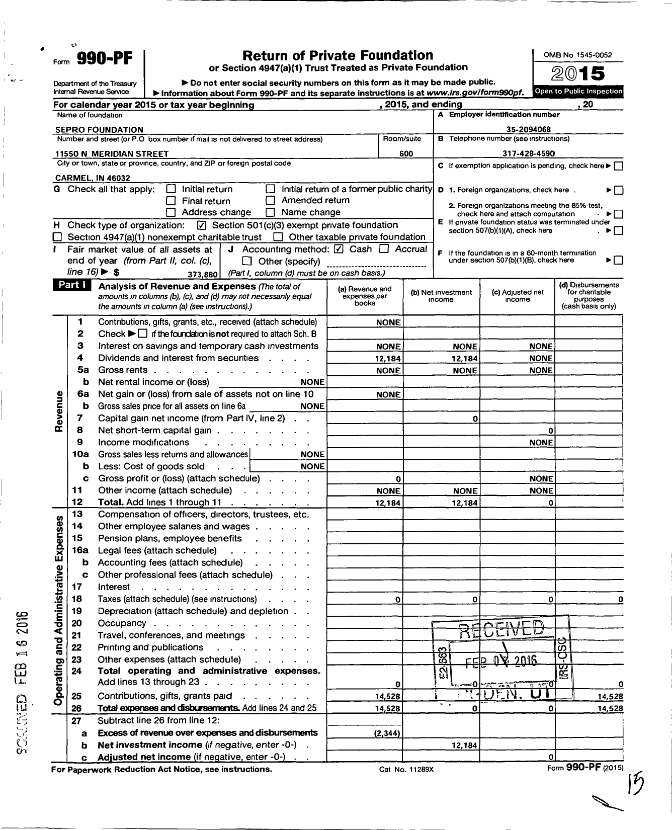 Image of first page of 2015 Form 990PF for Sepro Foundation