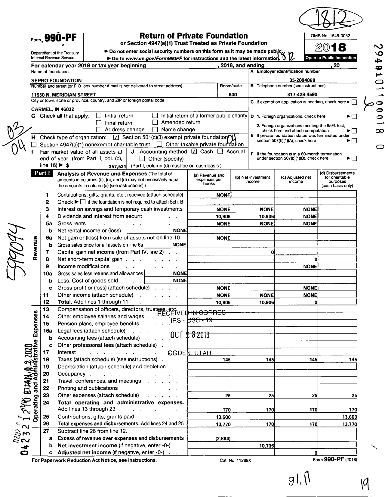 Image of first page of 2018 Form 990PR for Sepro Foundation