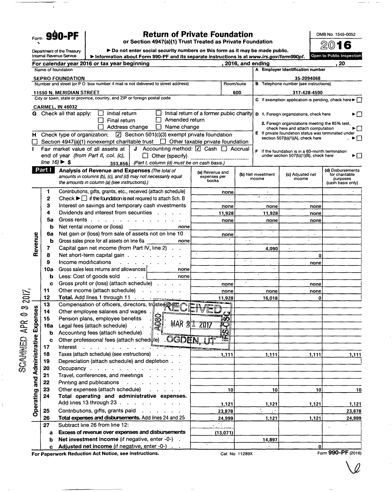 Image of first page of 2016 Form 990PF for Sepro Foundation