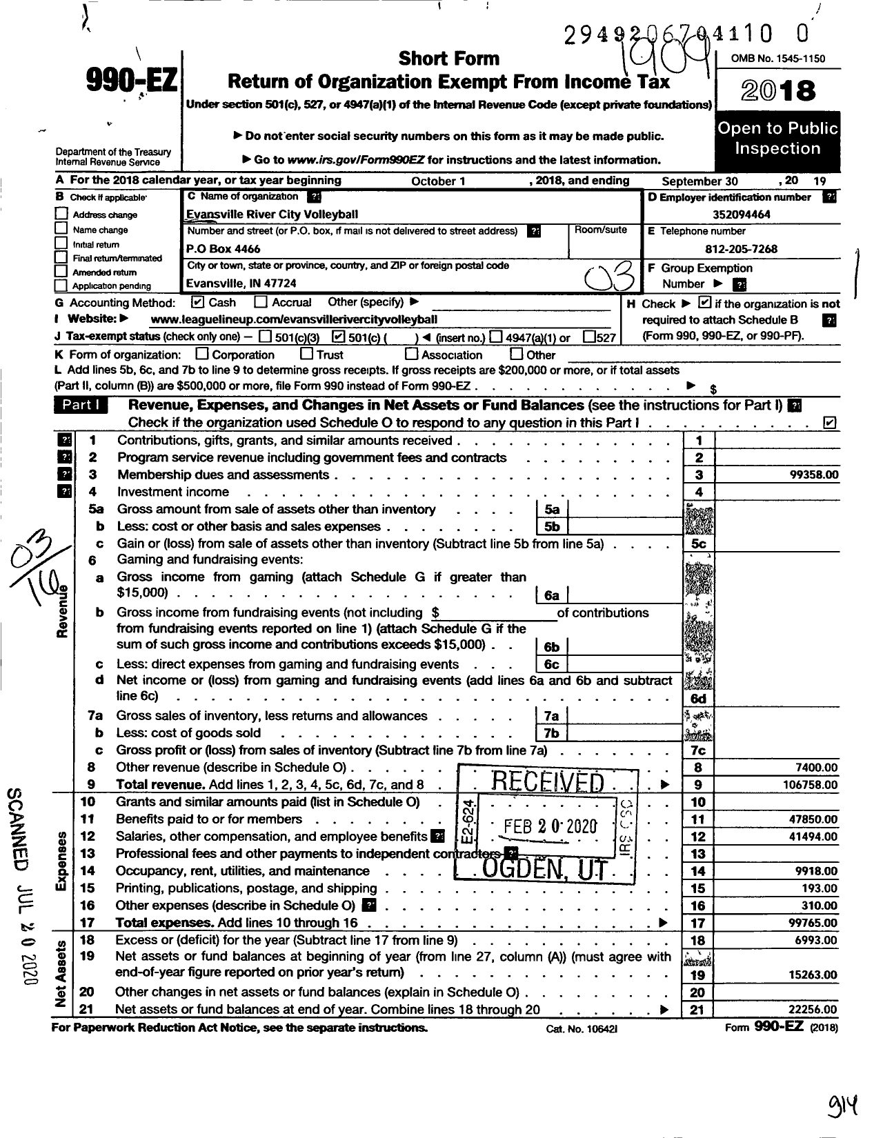 Image of first page of 2018 Form 990EZ for Evansville River City Volleball