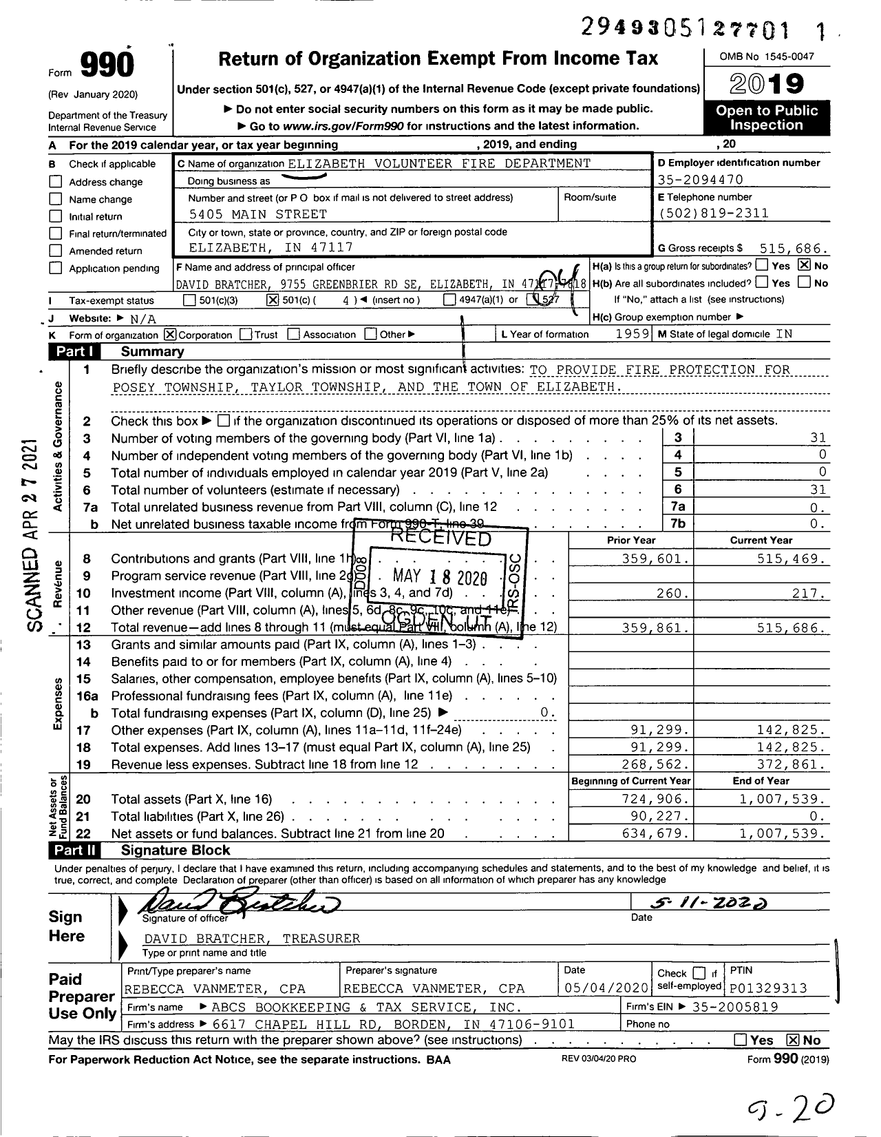 Image of first page of 2019 Form 990O for Elizabeth Volunteer Fire Department