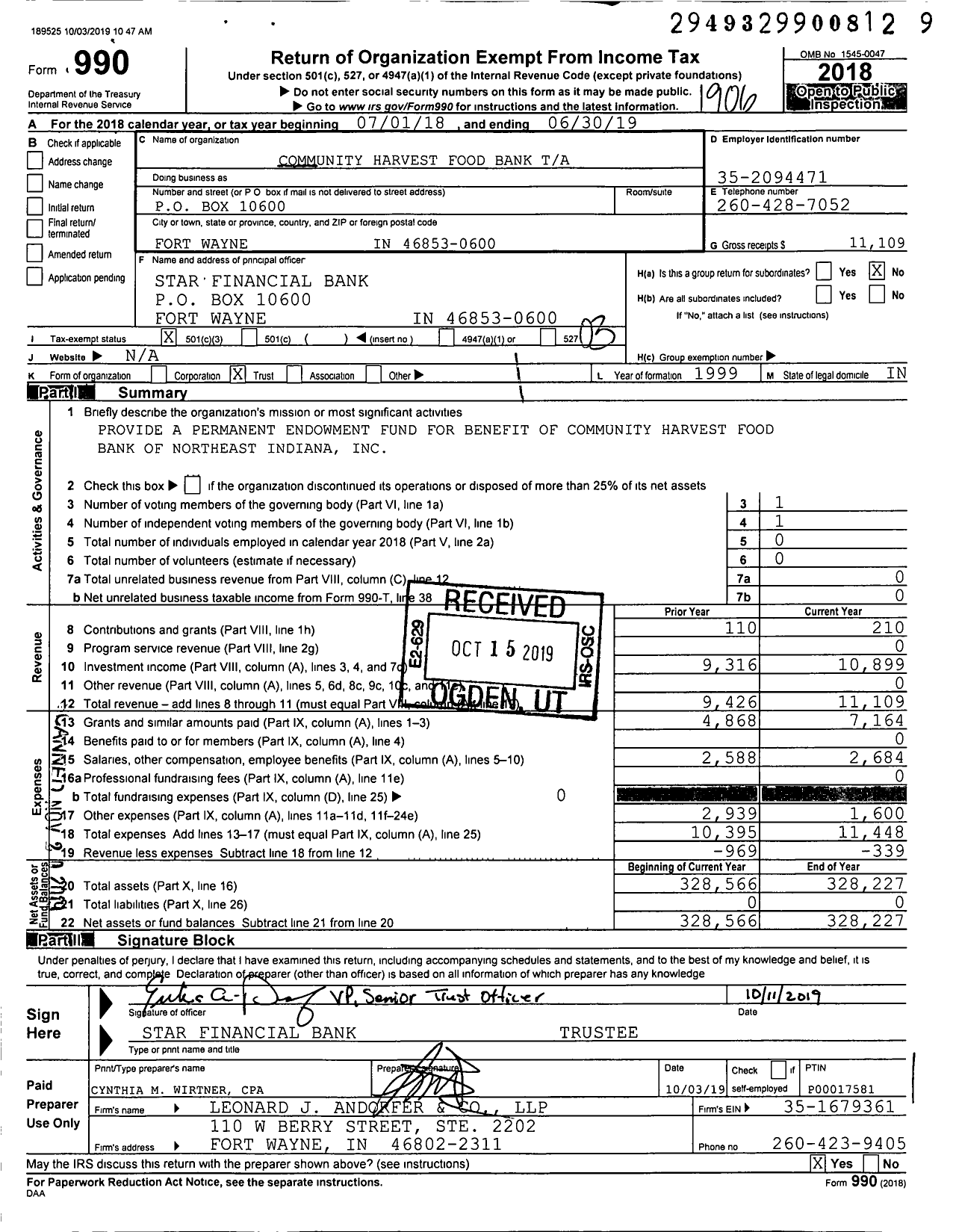 Image of first page of 2018 Form 990 for Community Harvest Food Bank Ta