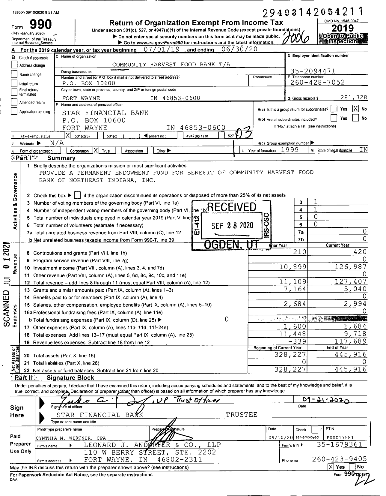 Image of first page of 2019 Form 990 for Community Harvest Food Bank Ta