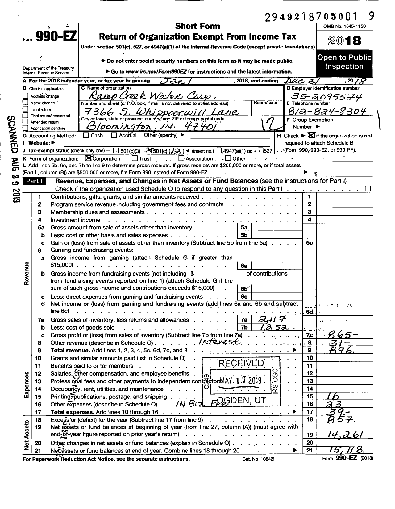 Image of first page of 2018 Form 990EO for Ramp Creek Water Corporation