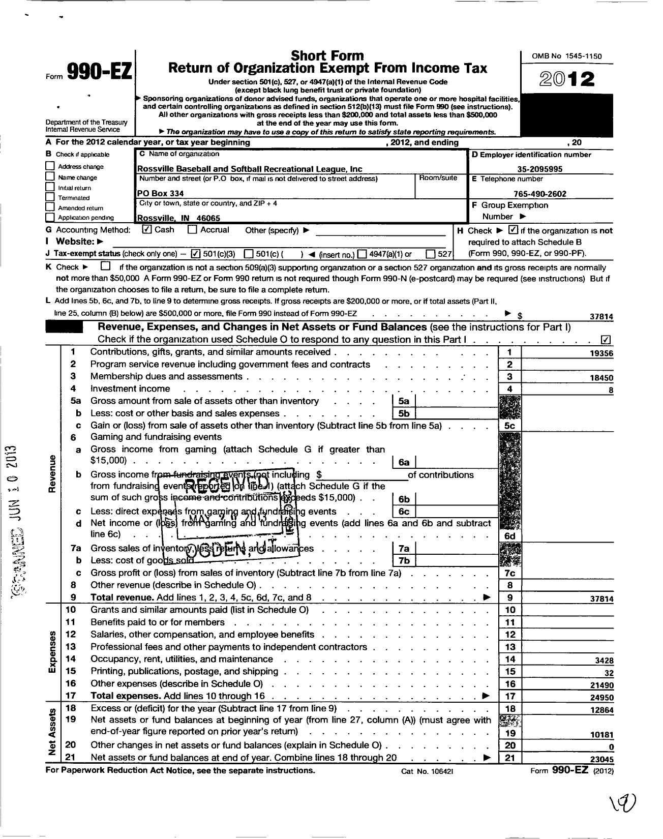 Image of first page of 2012 Form 990EZ for Rossville Baseball and Softball Summer Recreational League