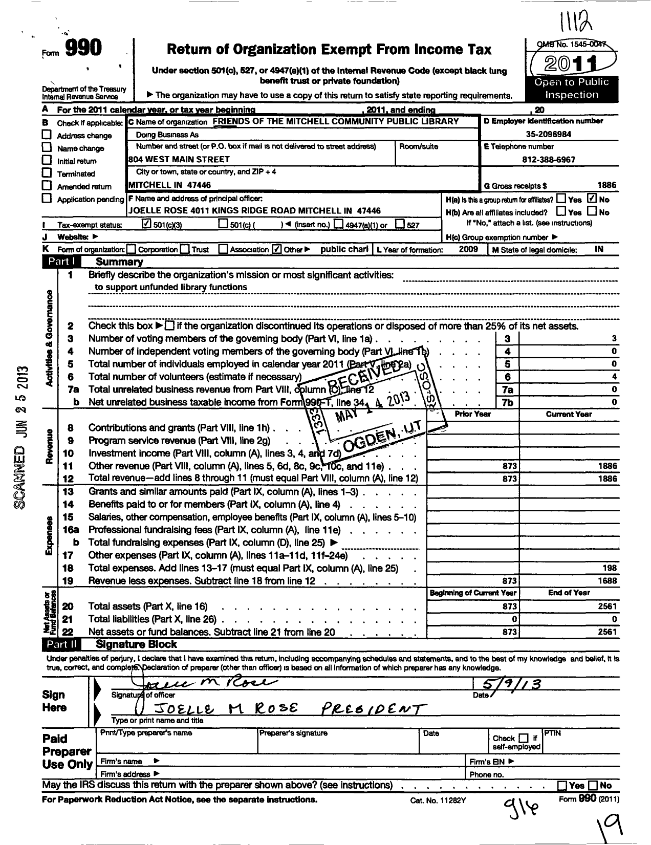 Image of first page of 2011 Form 990 for Friends of the Mitchell Comm Public Library