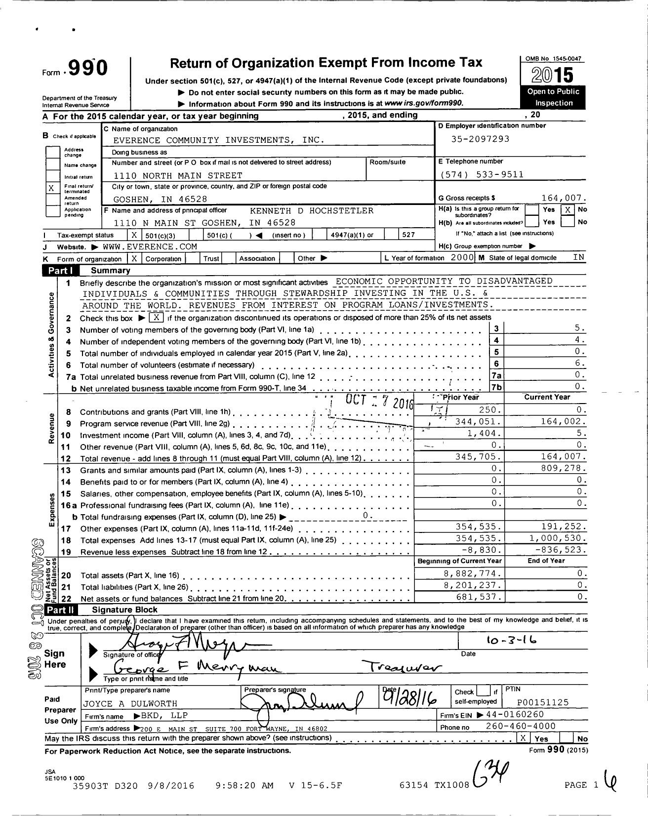 Image of first page of 2015 Form 990 for Everence Community Investments