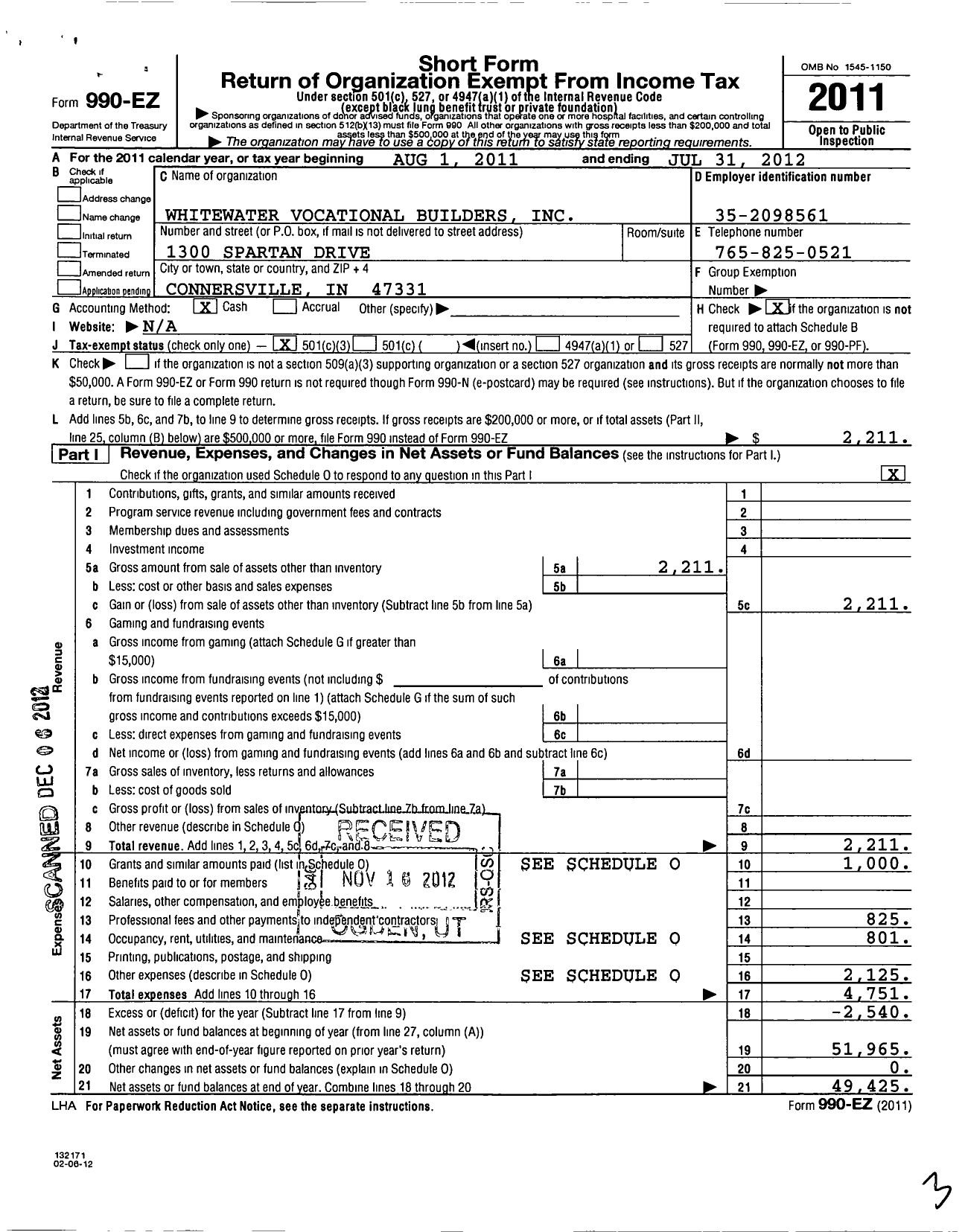 Image of first page of 2011 Form 990EZ for Whitewater Vocational Builders