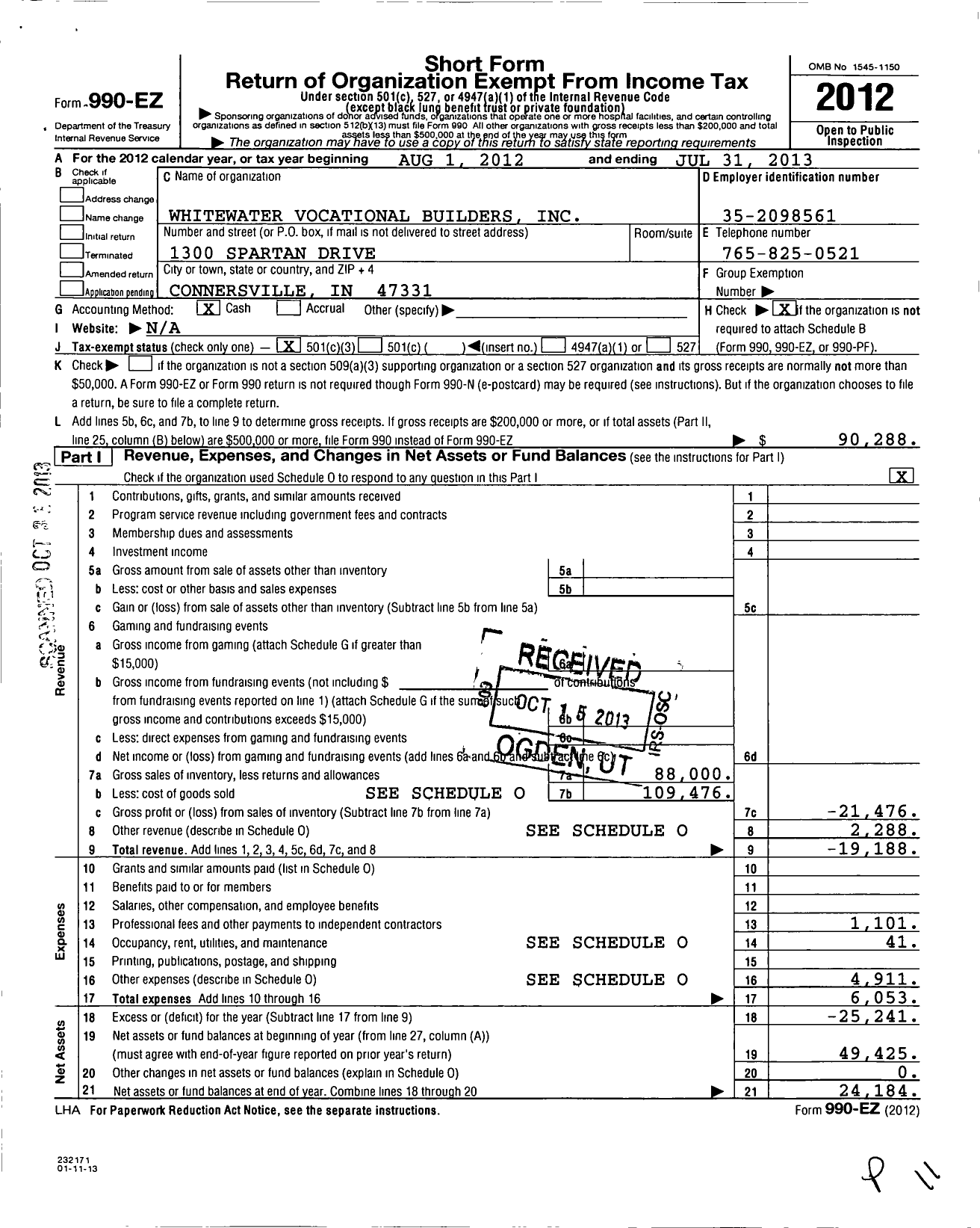 Image of first page of 2012 Form 990EZ for Whitewater Vocational Builders