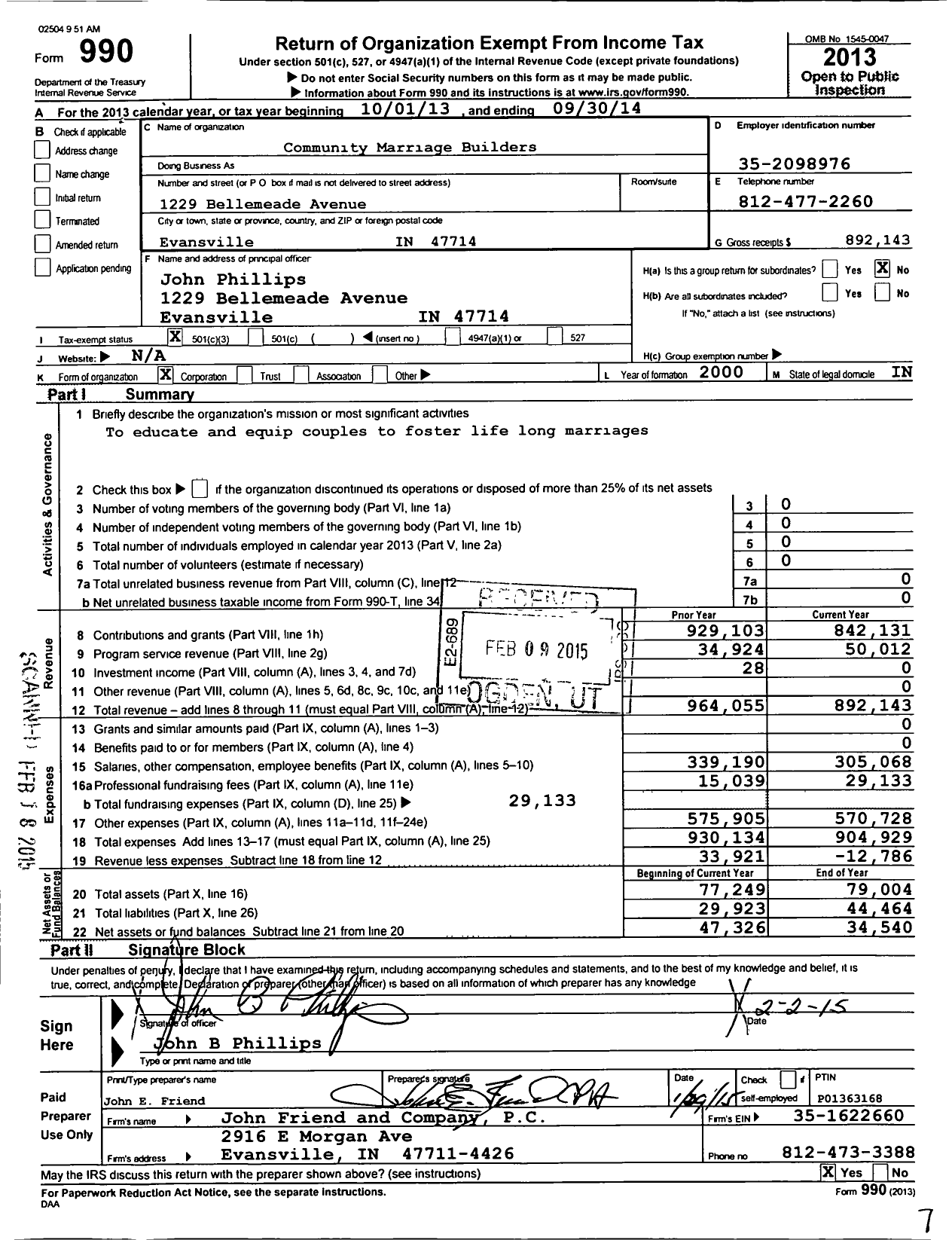 Image of first page of 2013 Form 990 for Community Marriage Builders Incorporated