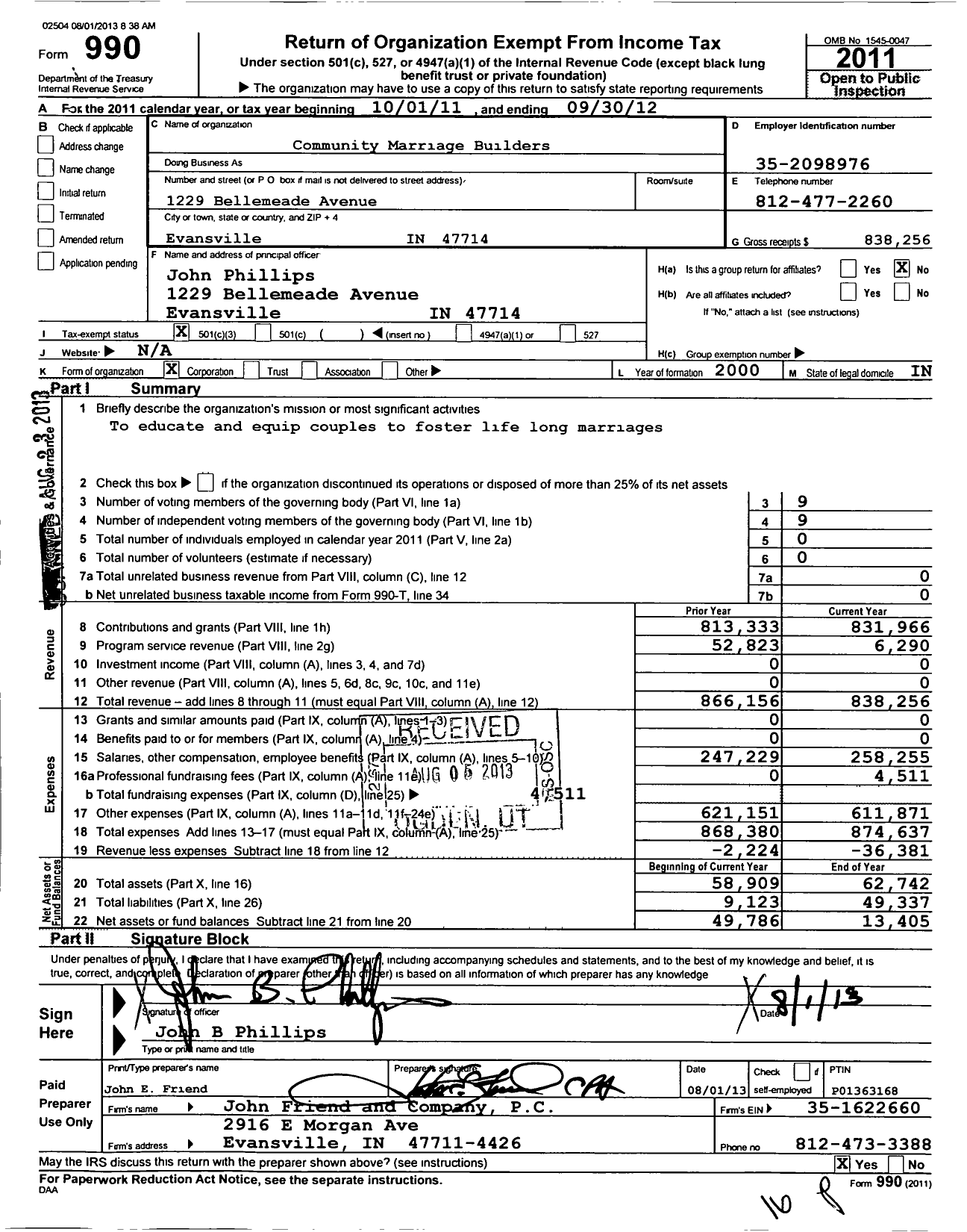 Image of first page of 2011 Form 990 for Community Marriage Builders Incorporated