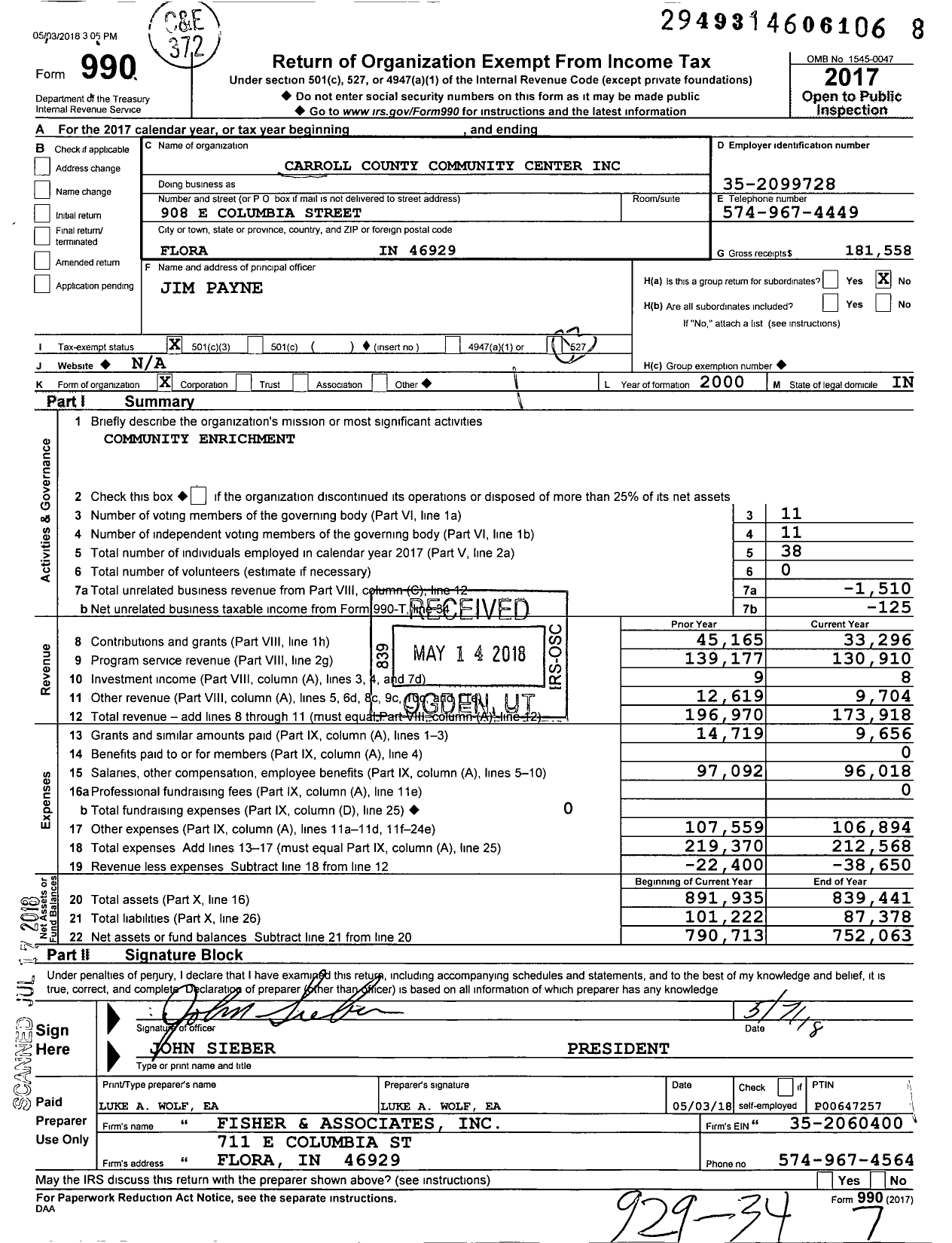 Image of first page of 2017 Form 990 for Carroll County Community Center