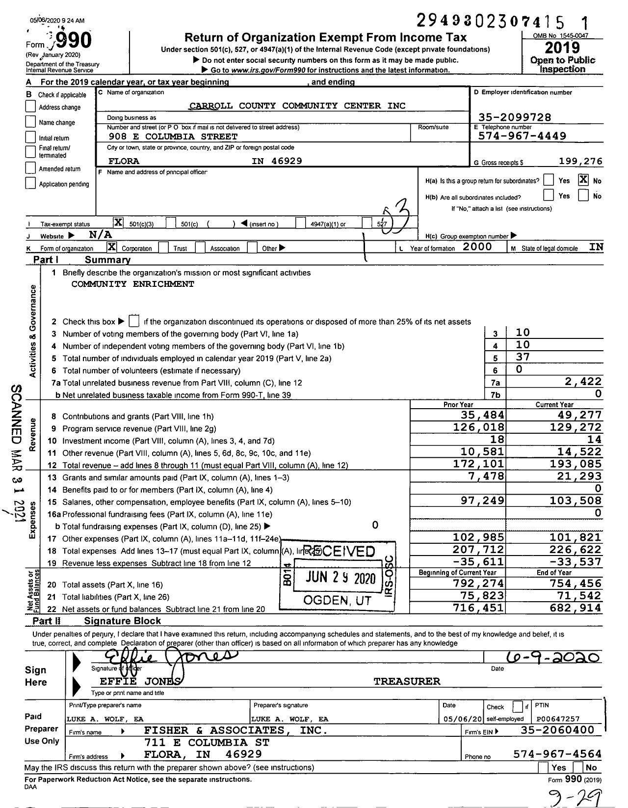 Image of first page of 2019 Form 990 for Carroll County Community Center