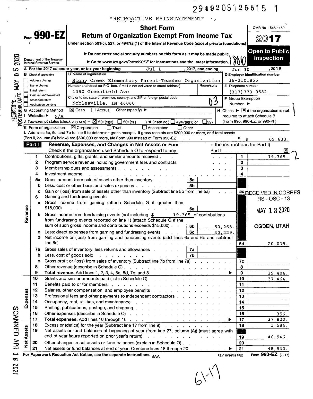 Image of first page of 2017 Form 990EZ for Stony Creek Elementary Parent-Teacher Organization