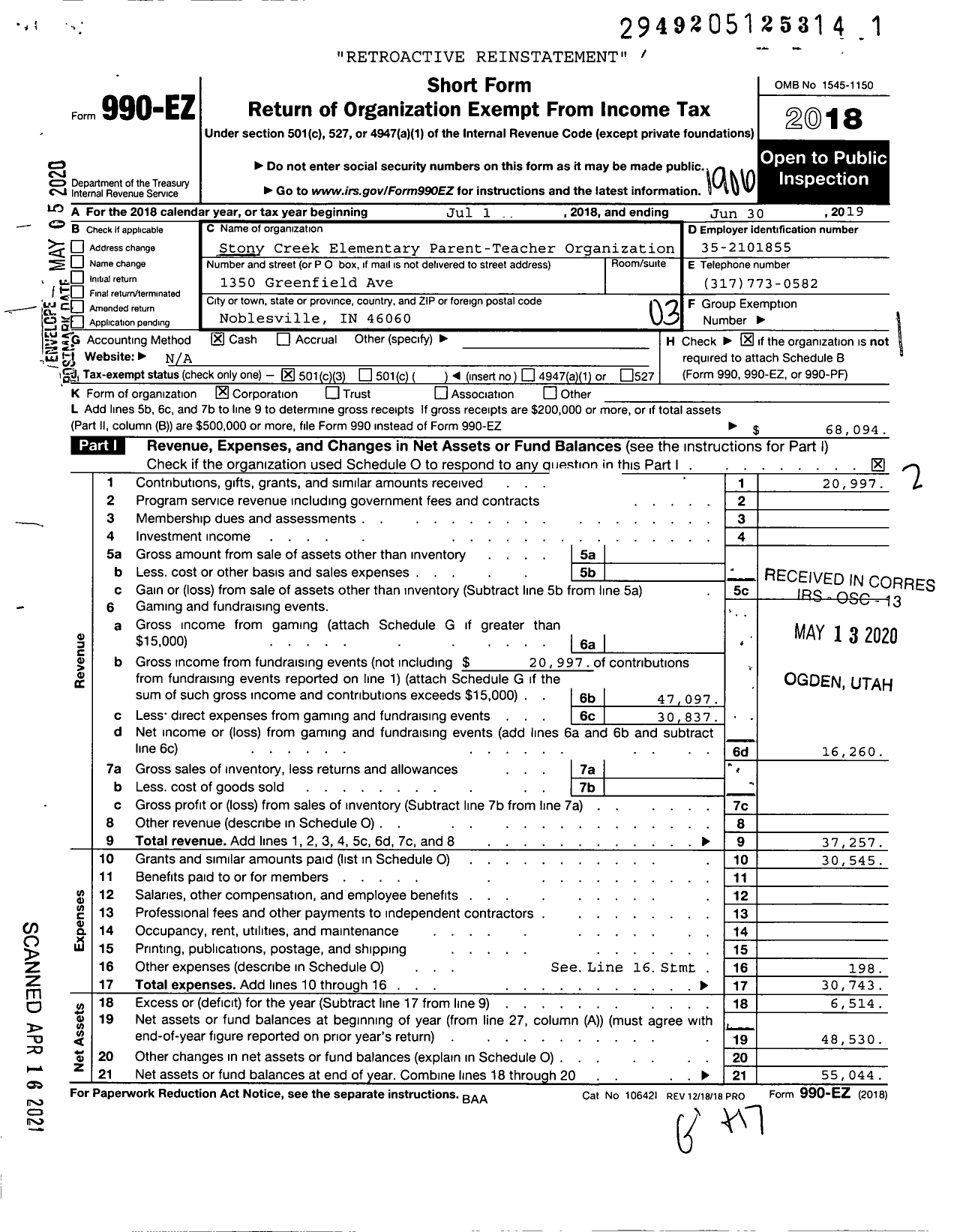 Image of first page of 2018 Form 990EZ for Stony Creek Elementary Parent-Teacher Organization