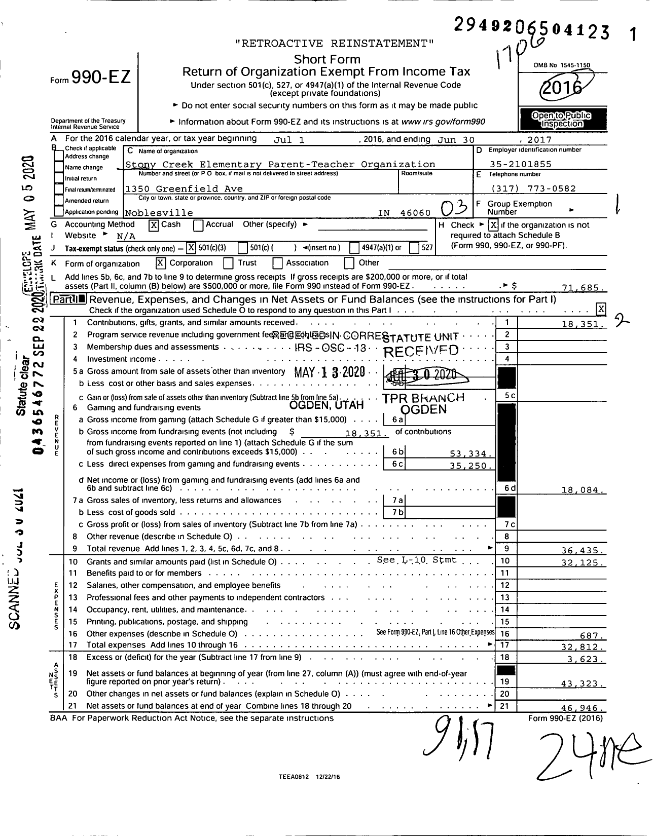 Image of first page of 2016 Form 990EZ for Stony Creek Elementary Parent-Teacher Organization