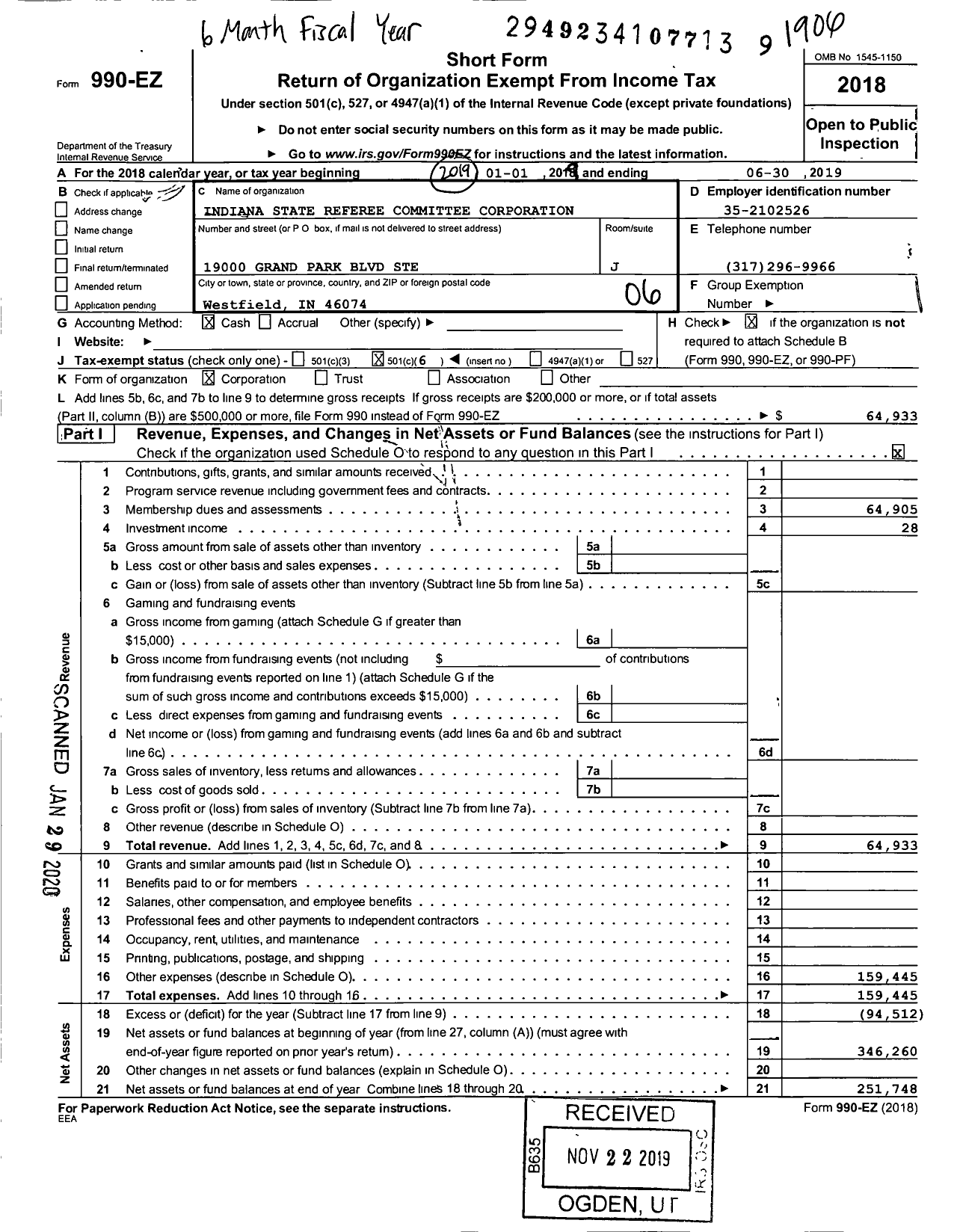 Image of first page of 2018 Form 990EO for Indiana State Referee Committee