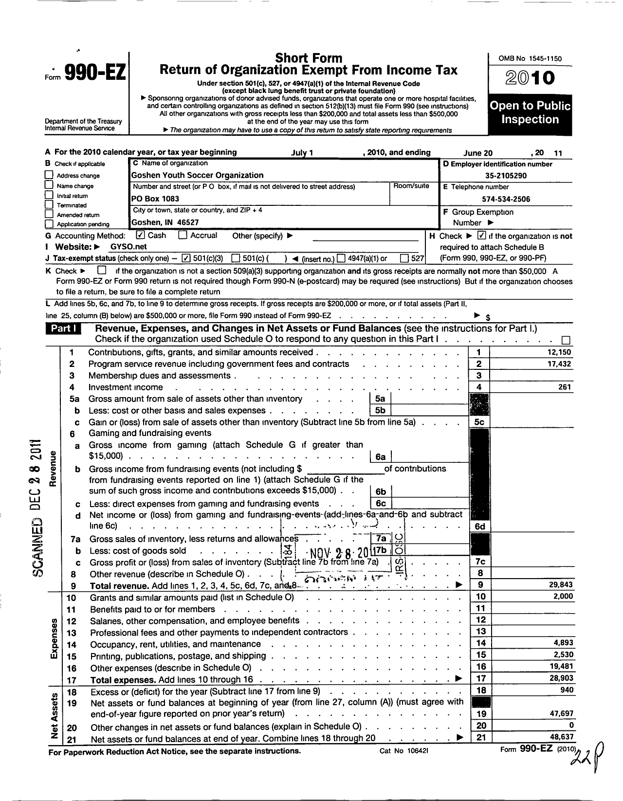 Image of first page of 2010 Form 990EZ for Goshen Youth Soccer Organization