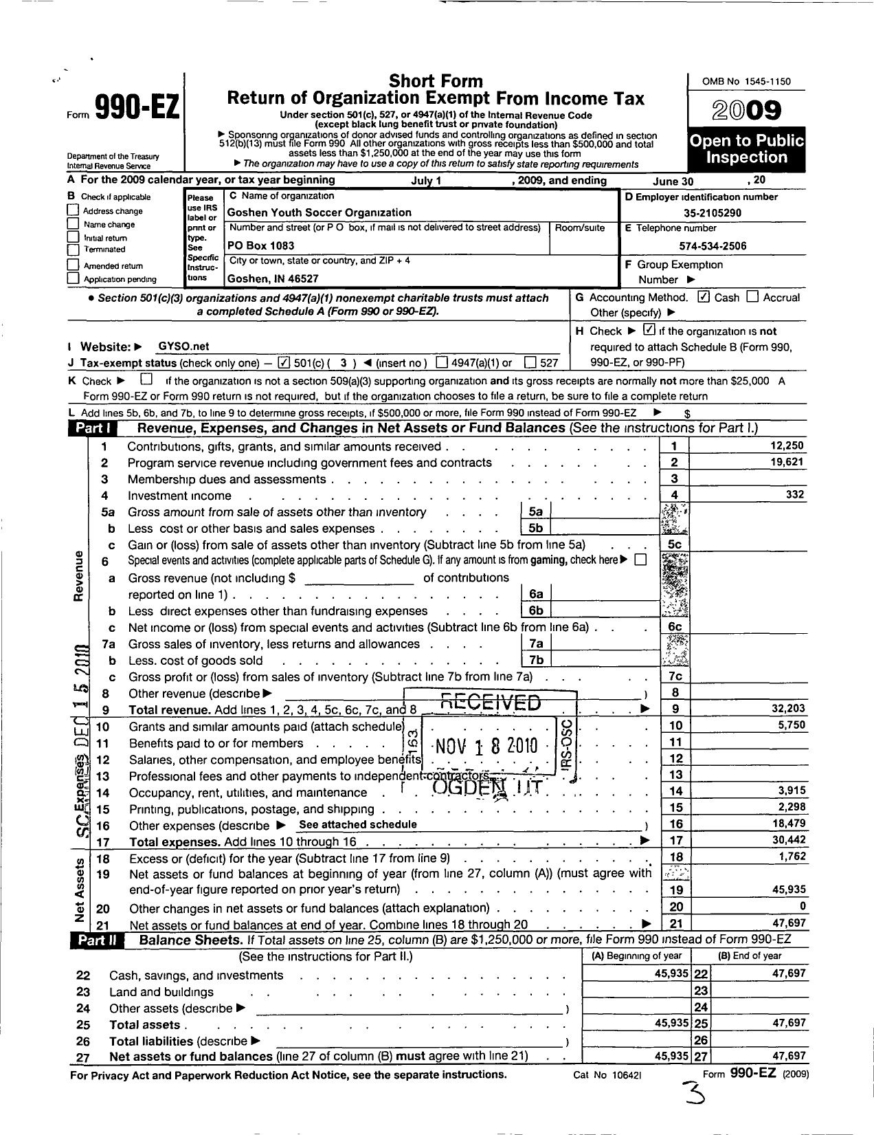 Image of first page of 2008 Form 990EZ for Goshen Youth Soccer Organization