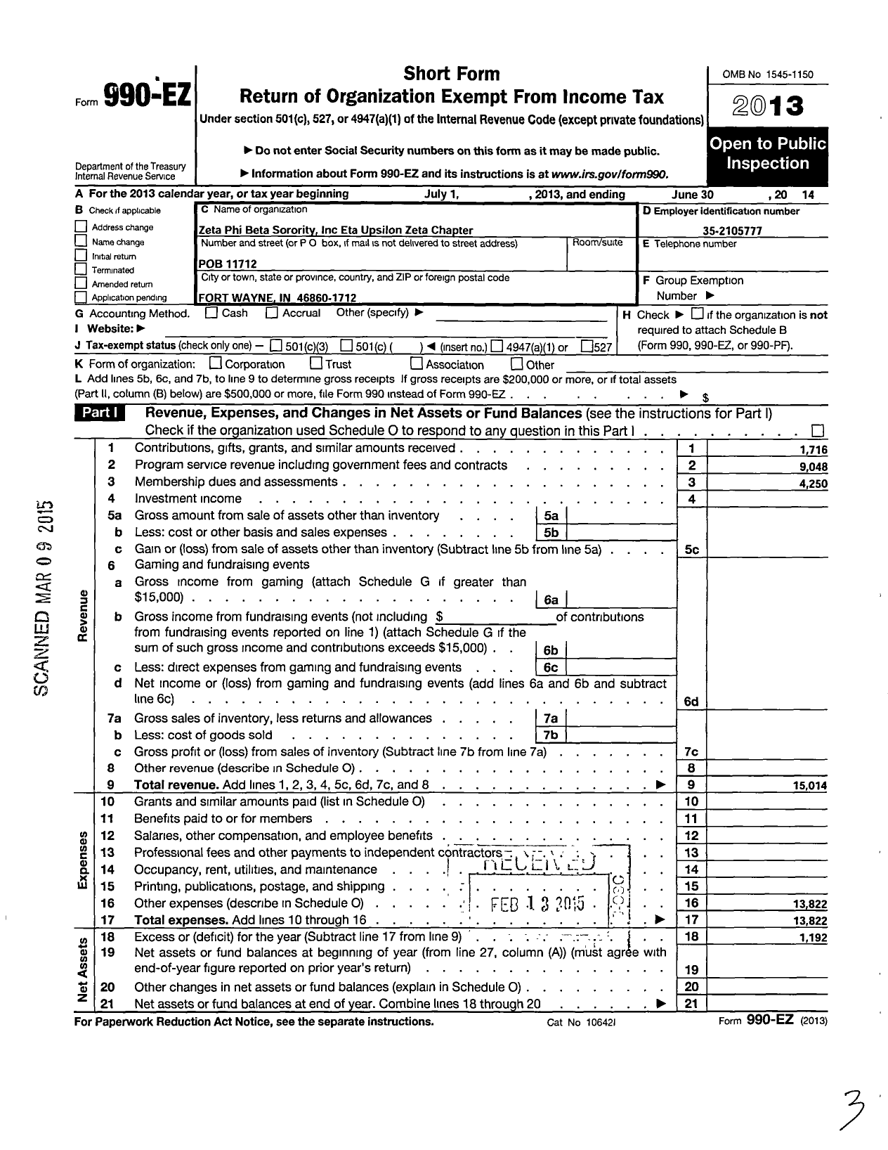 Image of first page of 2013 Form 990EO for Zeta Phi Beta Sorority / Eta Upsilon Zeta