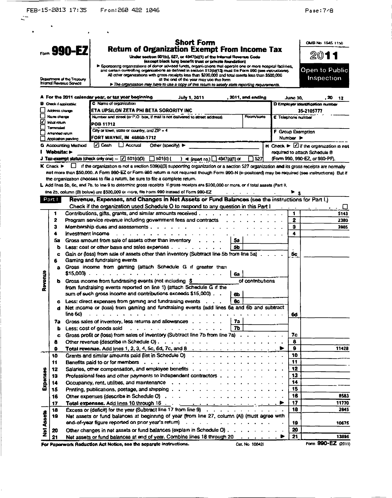 Image of first page of 2011 Form 990EOR for Zeta Phi Beta Sorority / Eta Upsilon Zeta