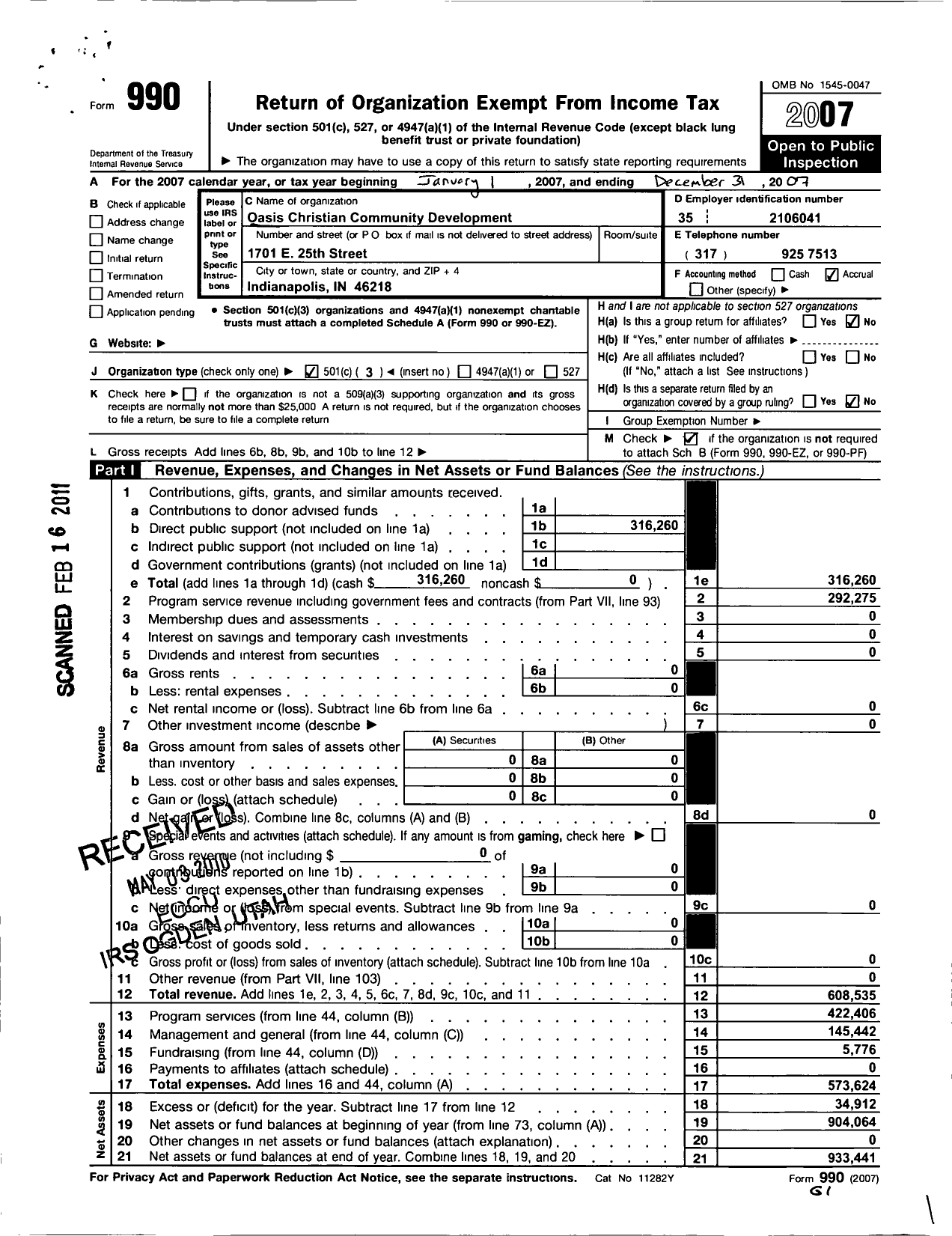 Image of first page of 2007 Form 990 for Oasis Christian Community Development Corporation