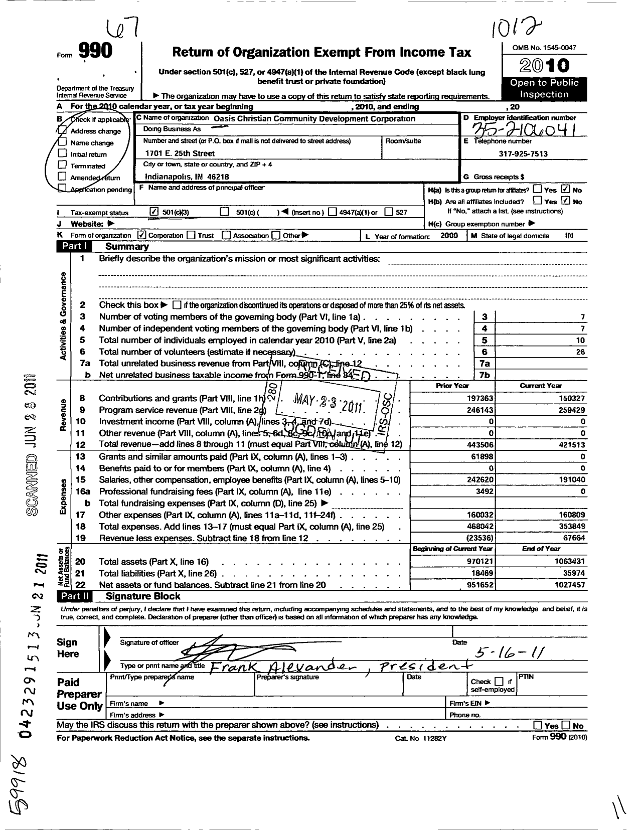 Image of first page of 2010 Form 990 for Oasis Christian Community Development Corporation