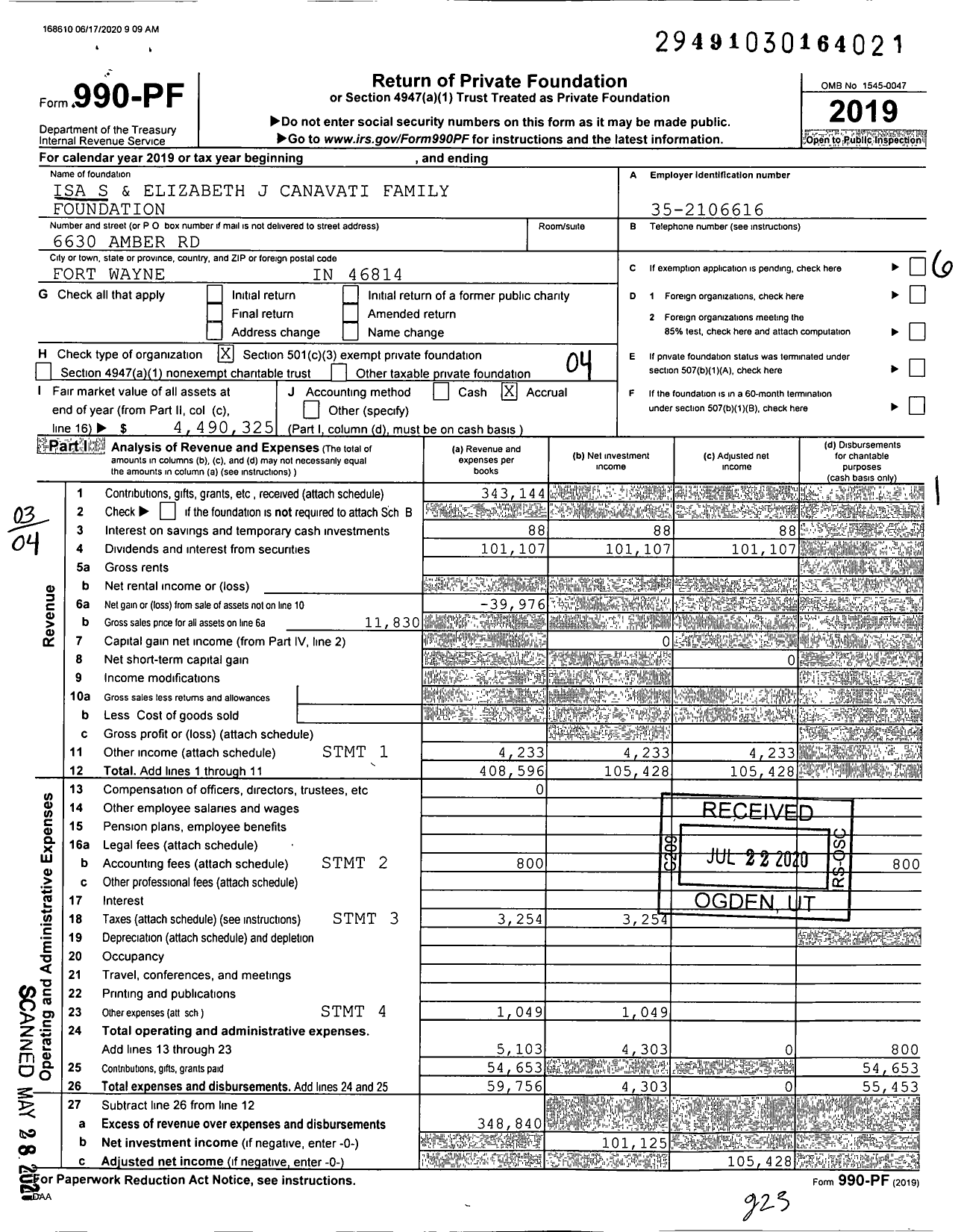 Image of first page of 2019 Form 990PF for Isa S and Elizabeth Canavati Family Foundation