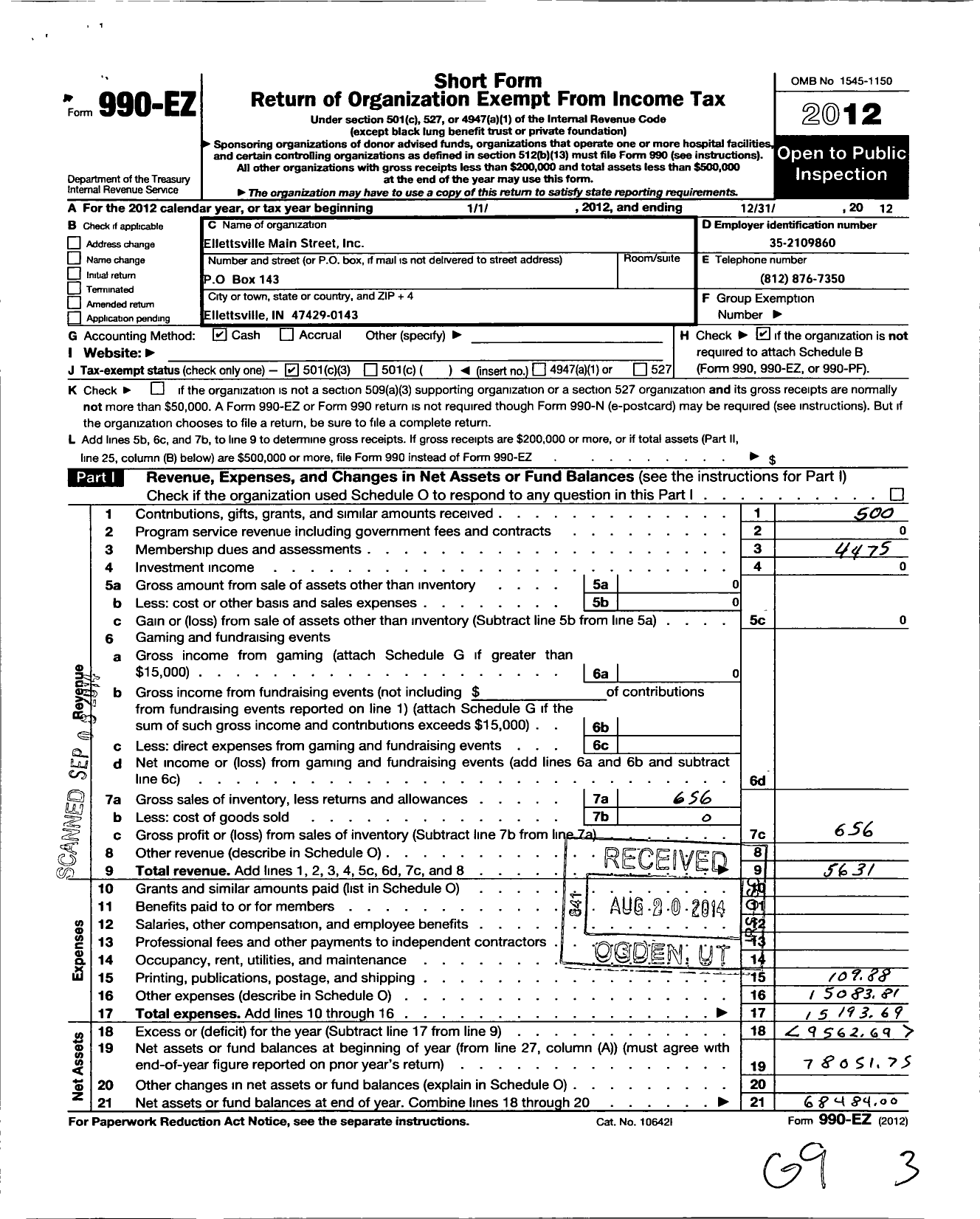 Image of first page of 2012 Form 990EZ for Ellettsville Main Street