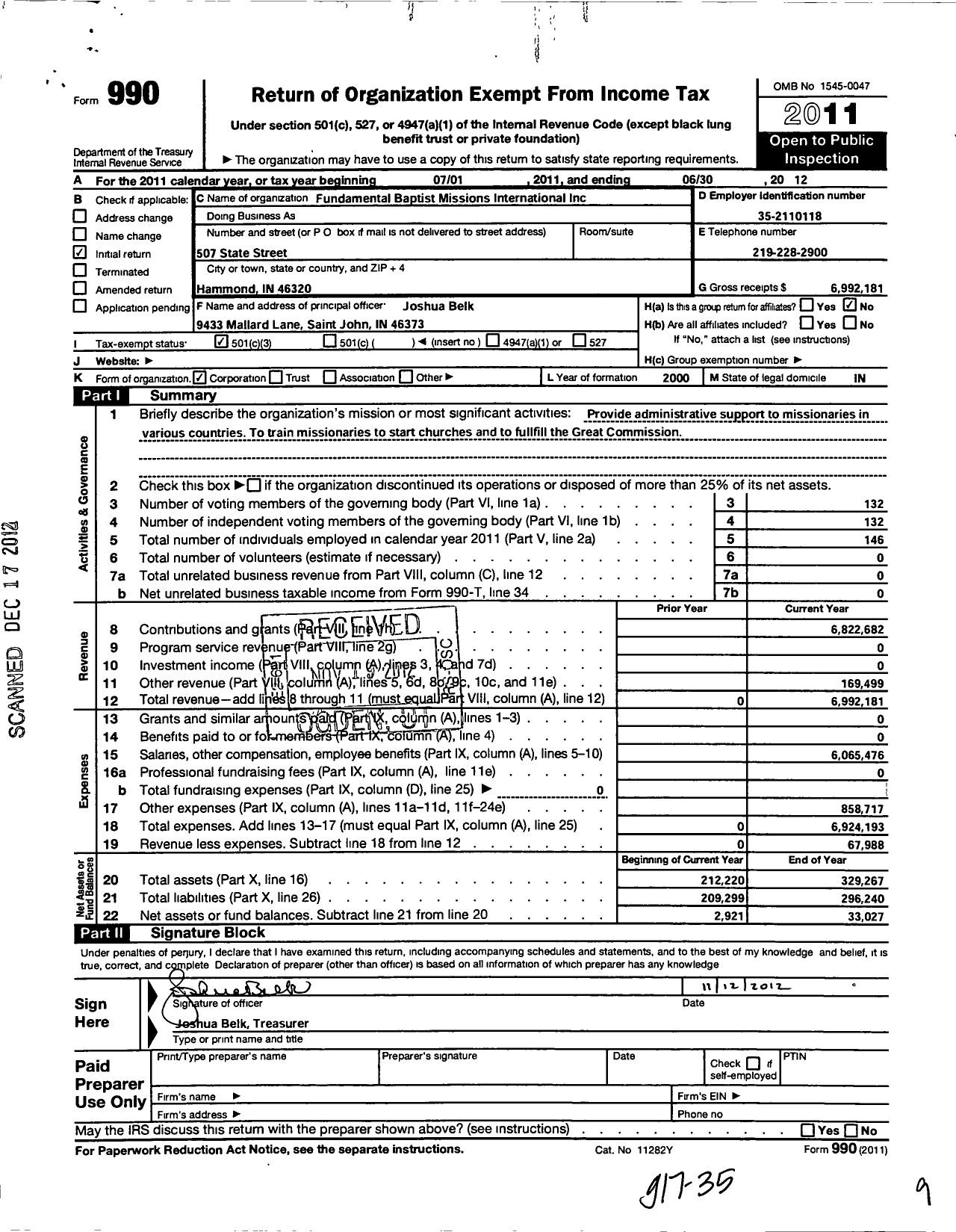 Image of first page of 2011 Form 990 for Fundamental Baptist Missions International (FBMI)