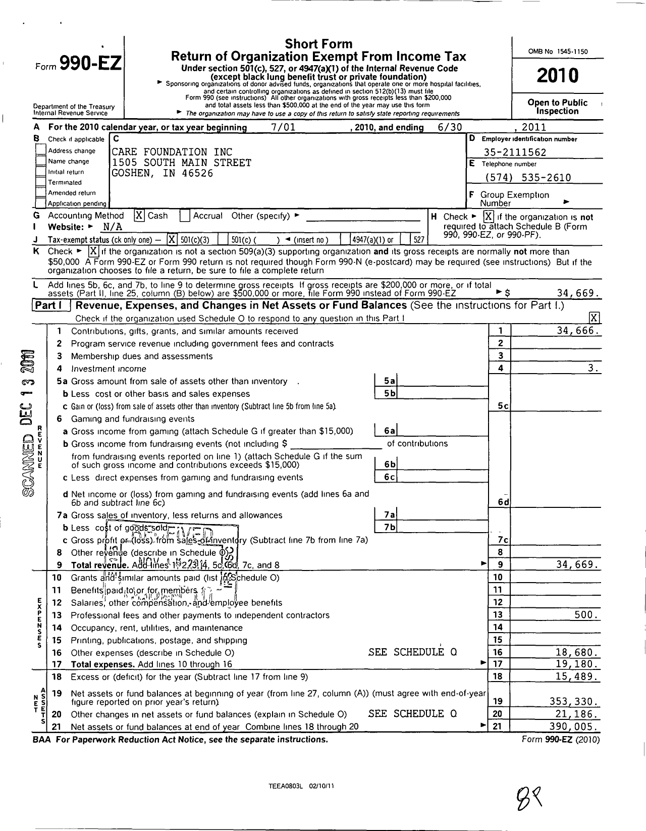 Image of first page of 2010 Form 990EZ for Care Foundation