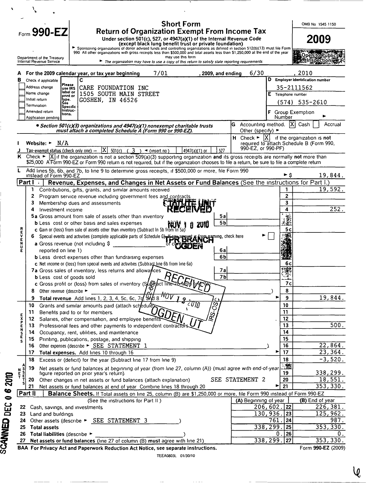 Image of first page of 2009 Form 990EZ for Care Foundation