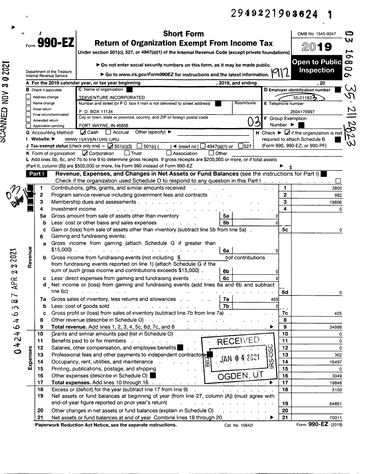 Image of first page of 2019 Form 990EZ for Tekventure Incorporated