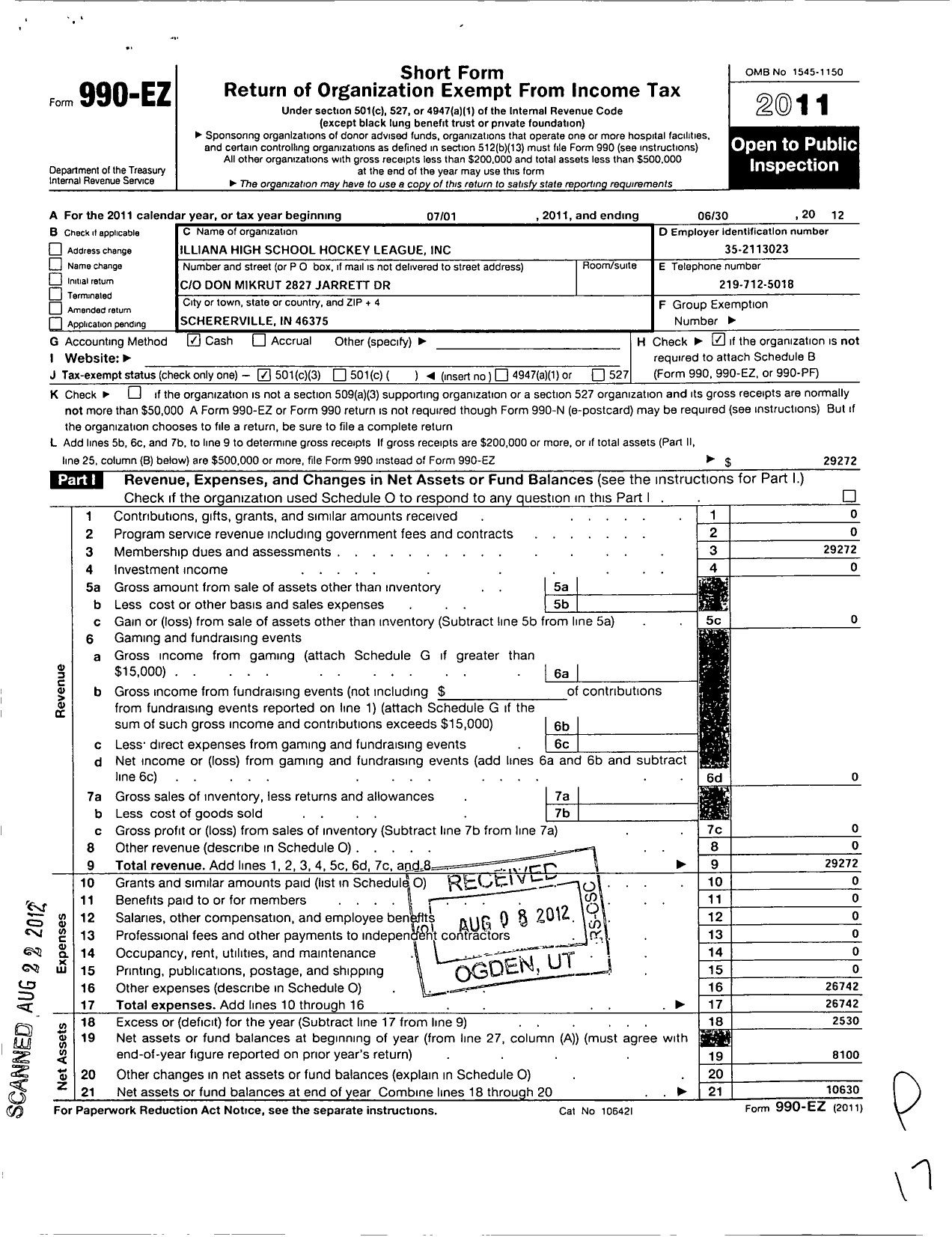 Image of first page of 2011 Form 990EZ for Illiana High School Hockey Association