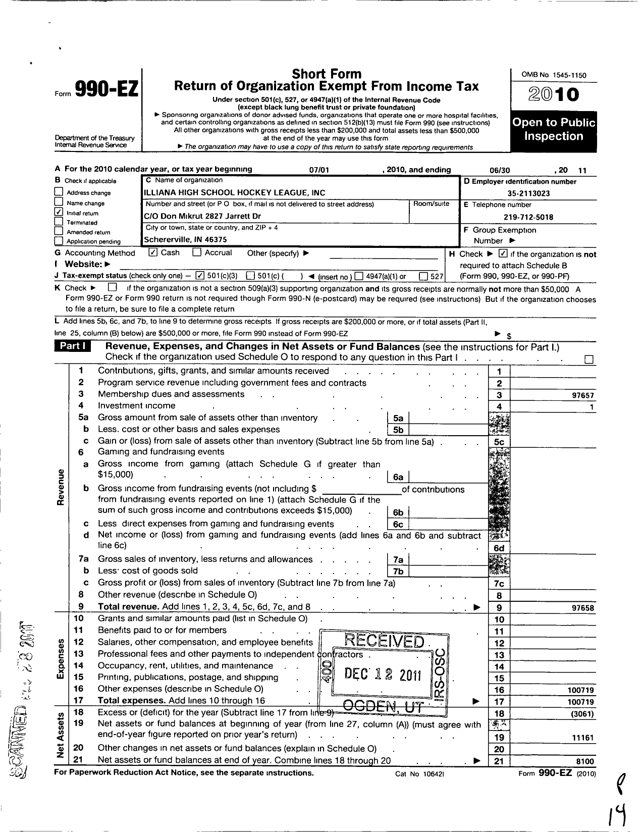 Image of first page of 2010 Form 990EZ for Illiana High School Hockey Association