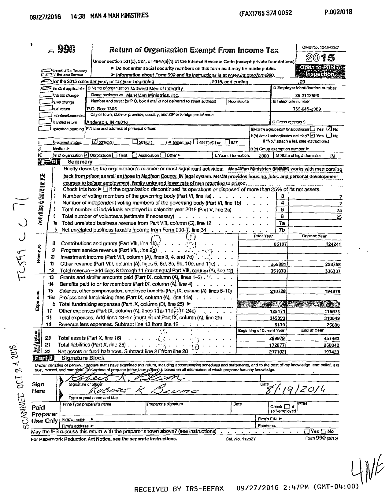Image of first page of 2015 Form 990 for Man4Man MInistries