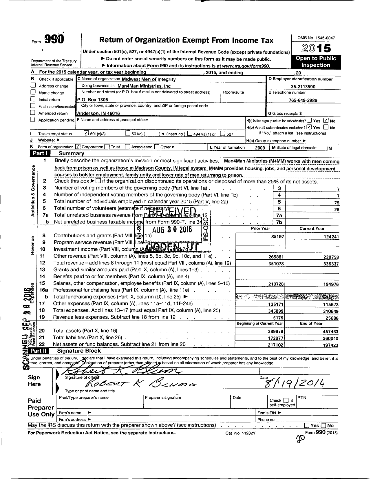 Image of first page of 2015 Form 990 for Man4Man MInistries