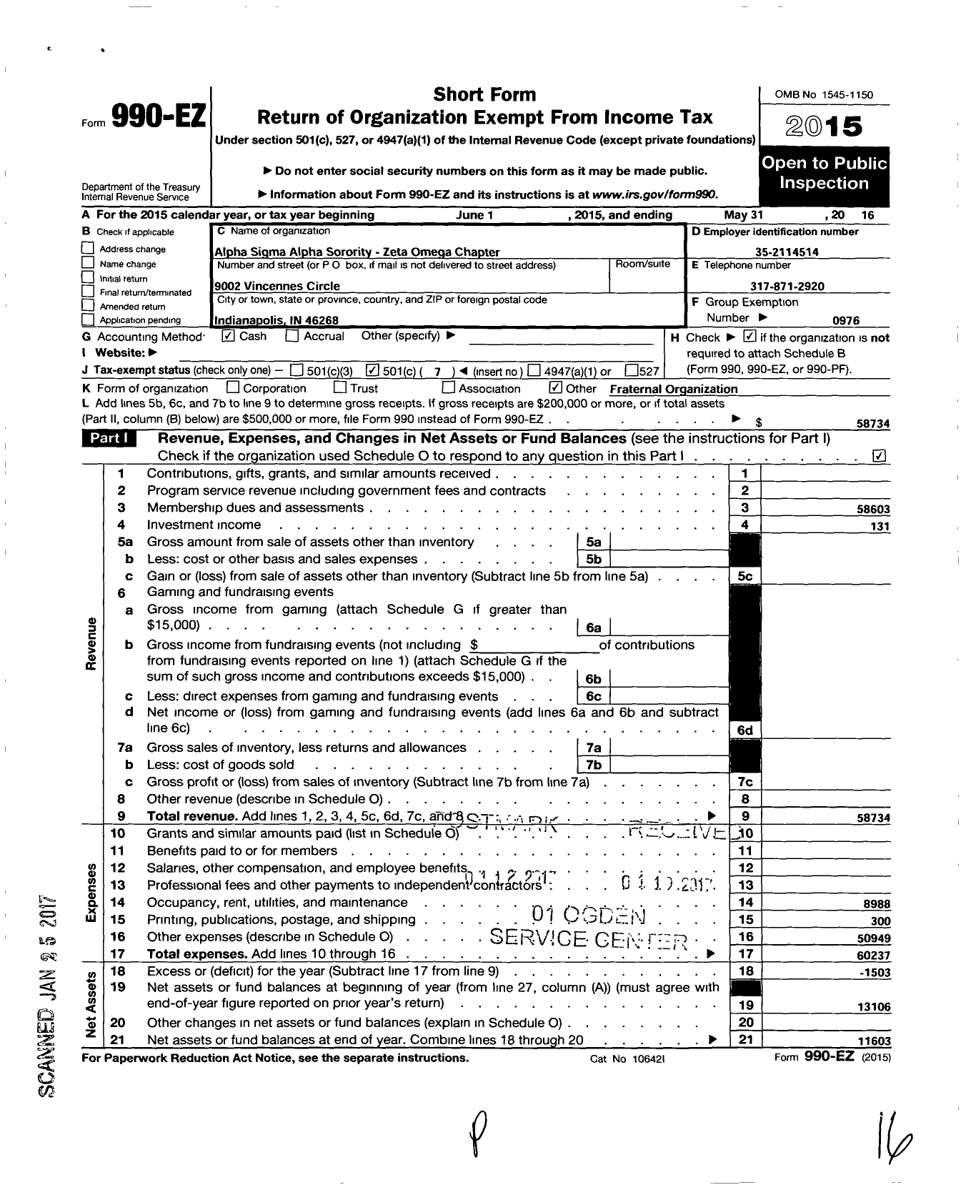 Image of first page of 2015 Form 990EO for Alpha Sigma Alpha Sorority / Zeta Omega Chapter-Austin Peay Univ