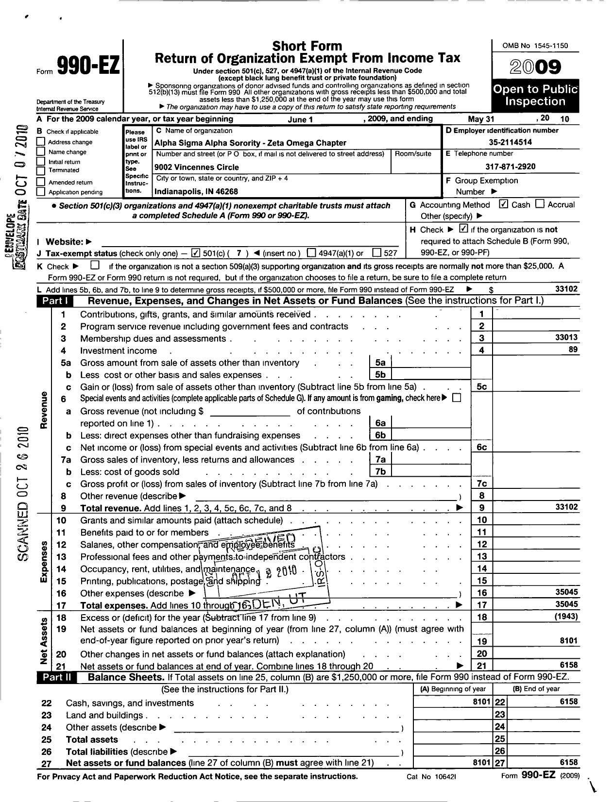 Image of first page of 2009 Form 990EO for Alpha Sigma Alpha Sorority / Zeta Omega Chapter-Austin Peay Univ