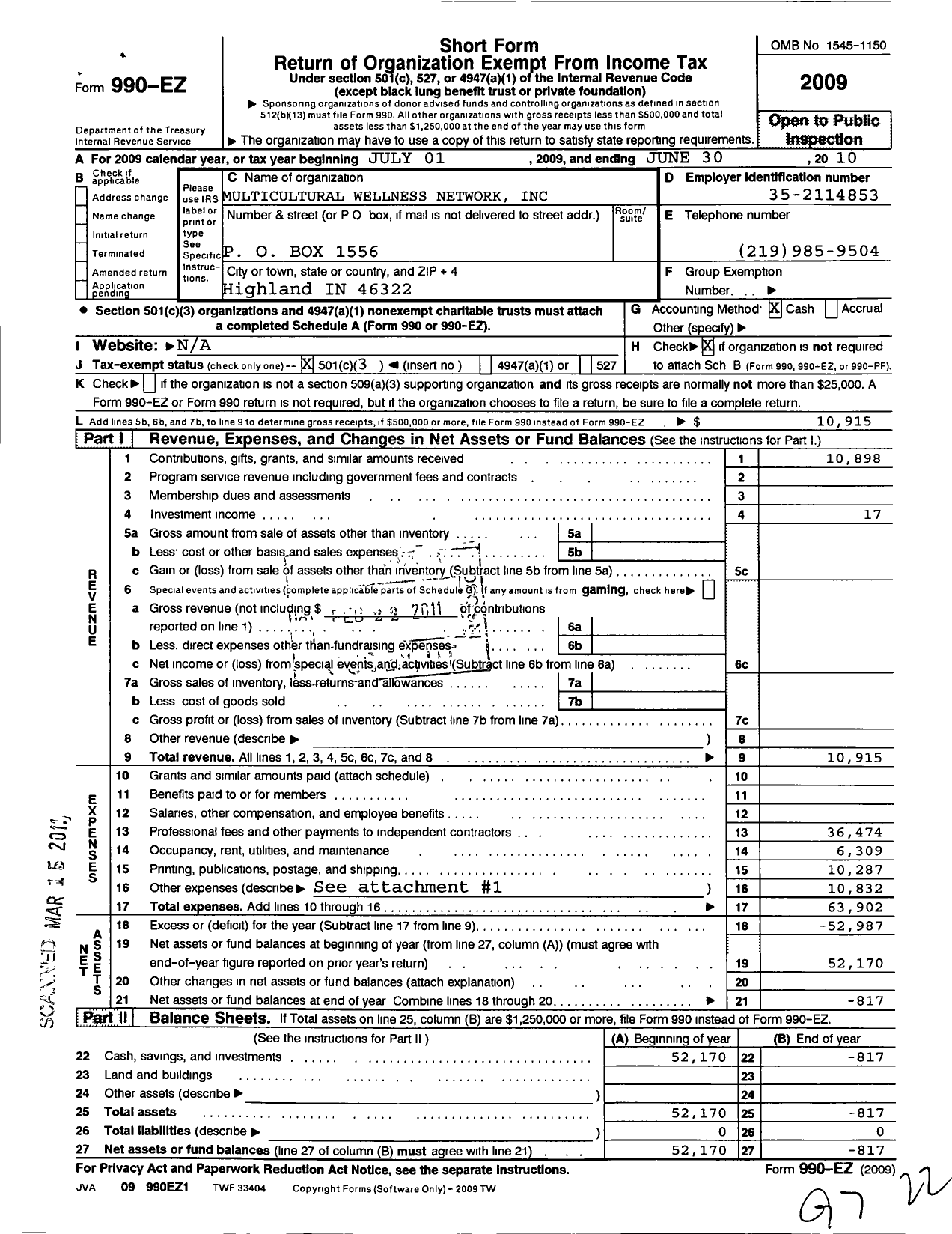 Image of first page of 2009 Form 990EZ for Multicultural Wellness Network