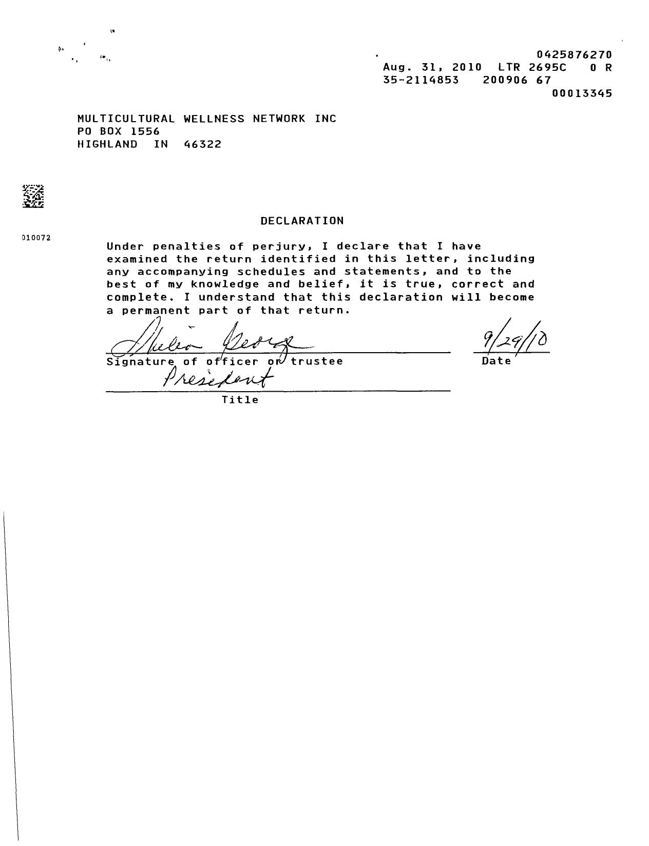 Image of first page of 2008 Form 990ER for Multicultural Wellness Network