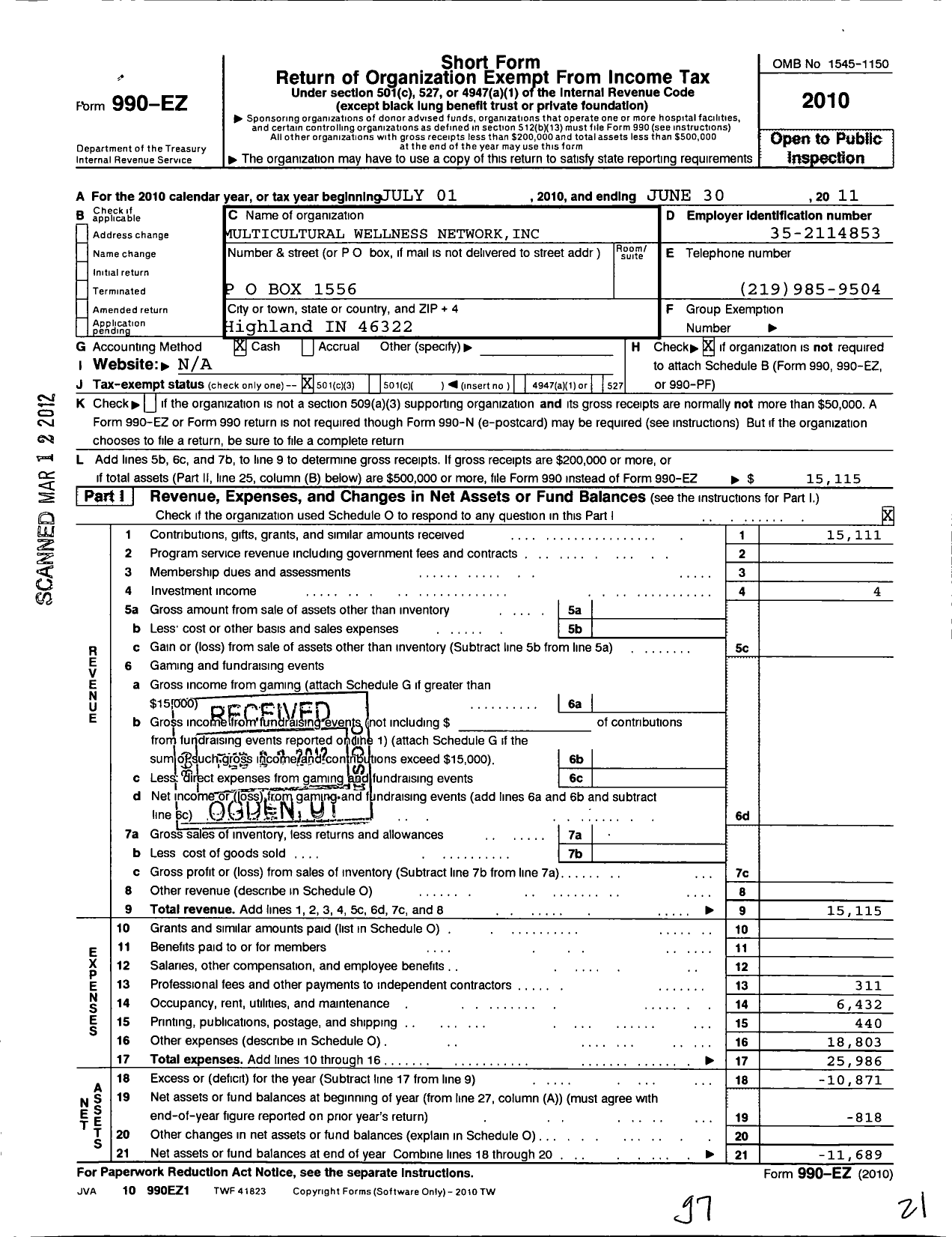 Image of first page of 2010 Form 990EZ for Multicultural Wellness Network