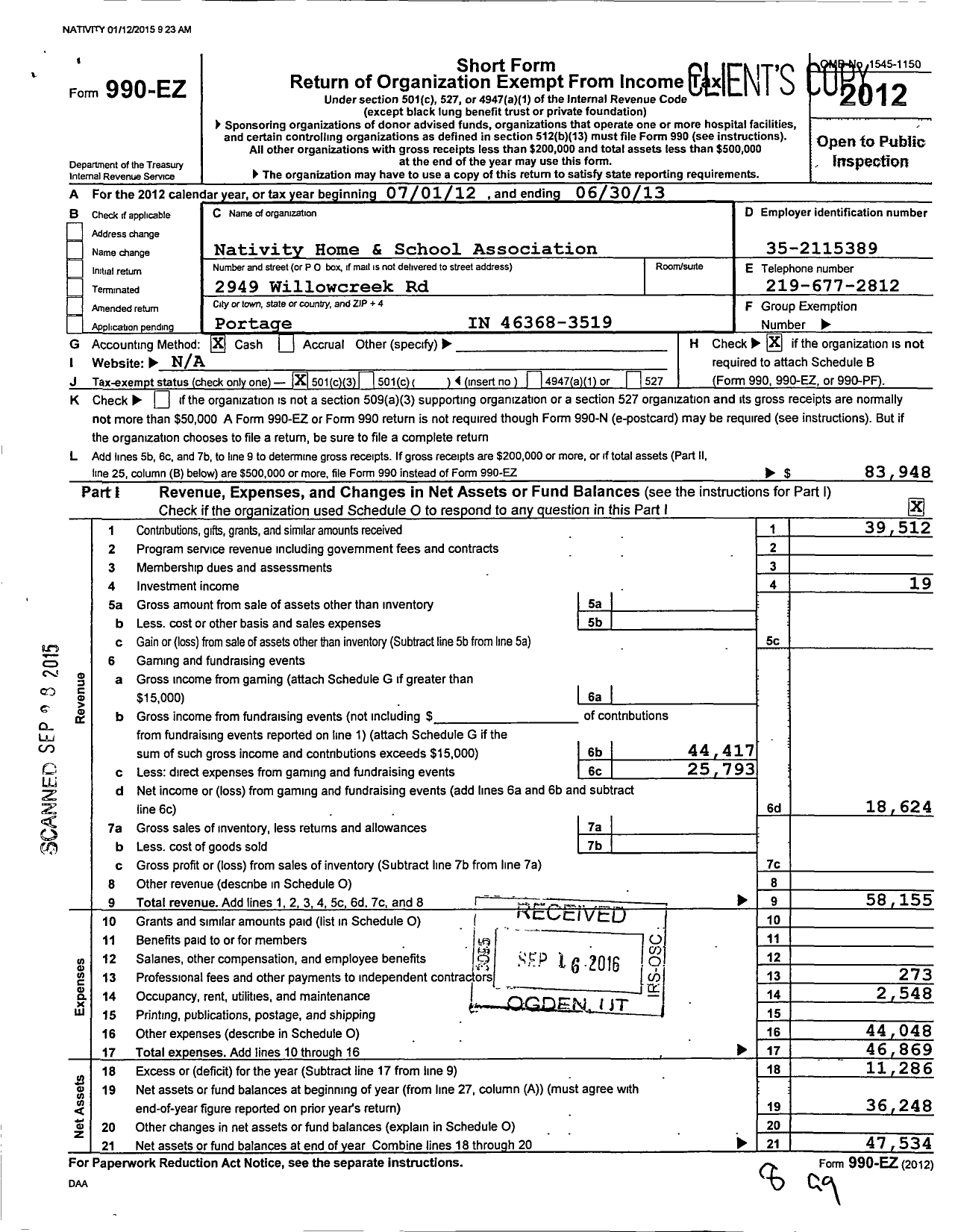 Image of first page of 2012 Form 990EZ for Nativity Home and School Association